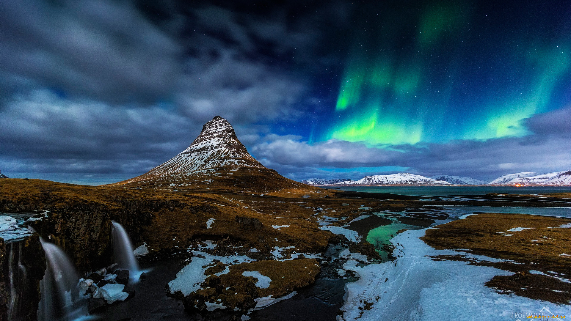 природа, северное, сияние, исландия, вулкан, гора, kirkjufell, снег, ночь, северное, сияние, водопад, скалы