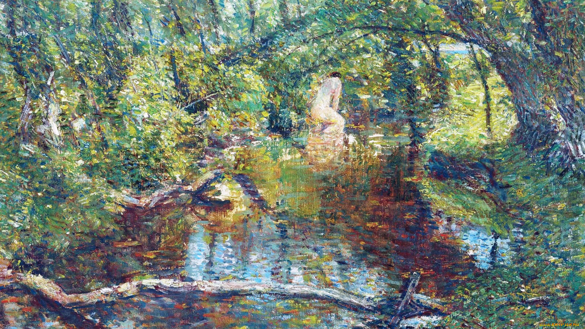 sunlight, brook, рисованное, frederick, childe, hassam, ручей, коряги, деревья, женщина, лес