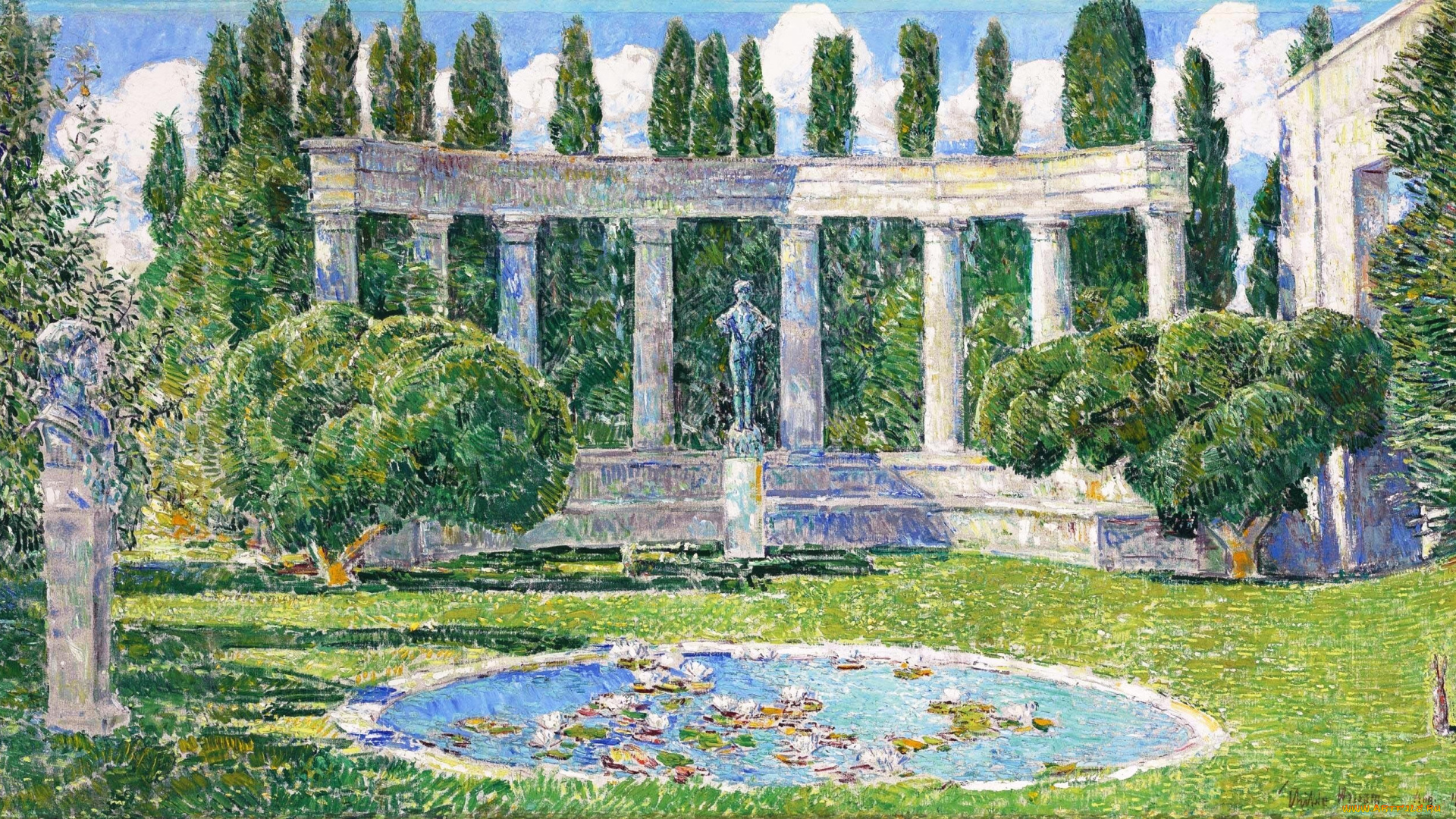 the, josiah, bartlett, garden, amagansett, long, island, рисованное, frederick, childe, hassam, архитектура, озеро, статуи, трава, деревья, парк, сад, колонны