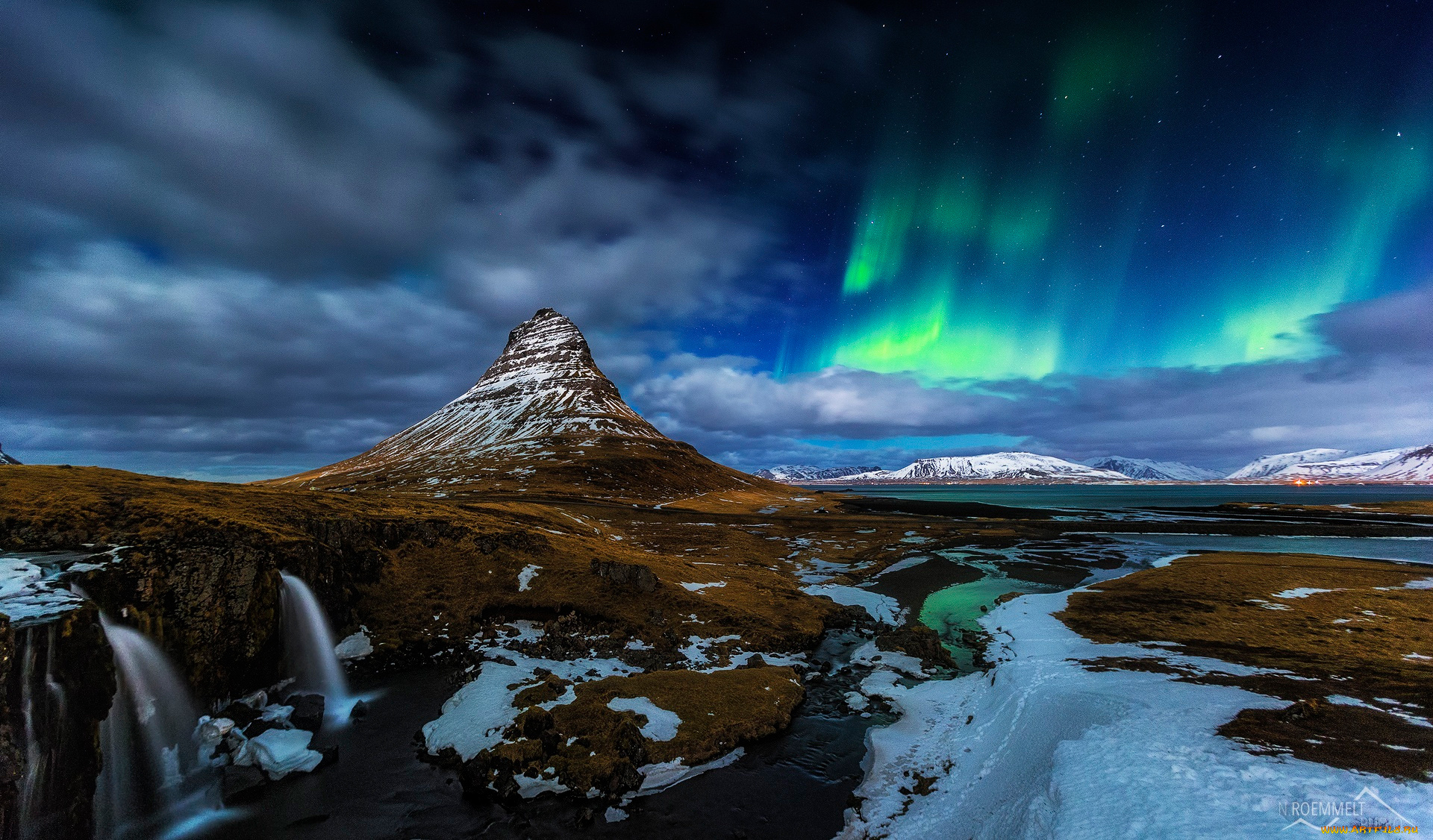 природа, северное, сияние, исландия, вулкан, гора, kirkjufell, снег, ночь, северное, сияние, водопад, скалы
