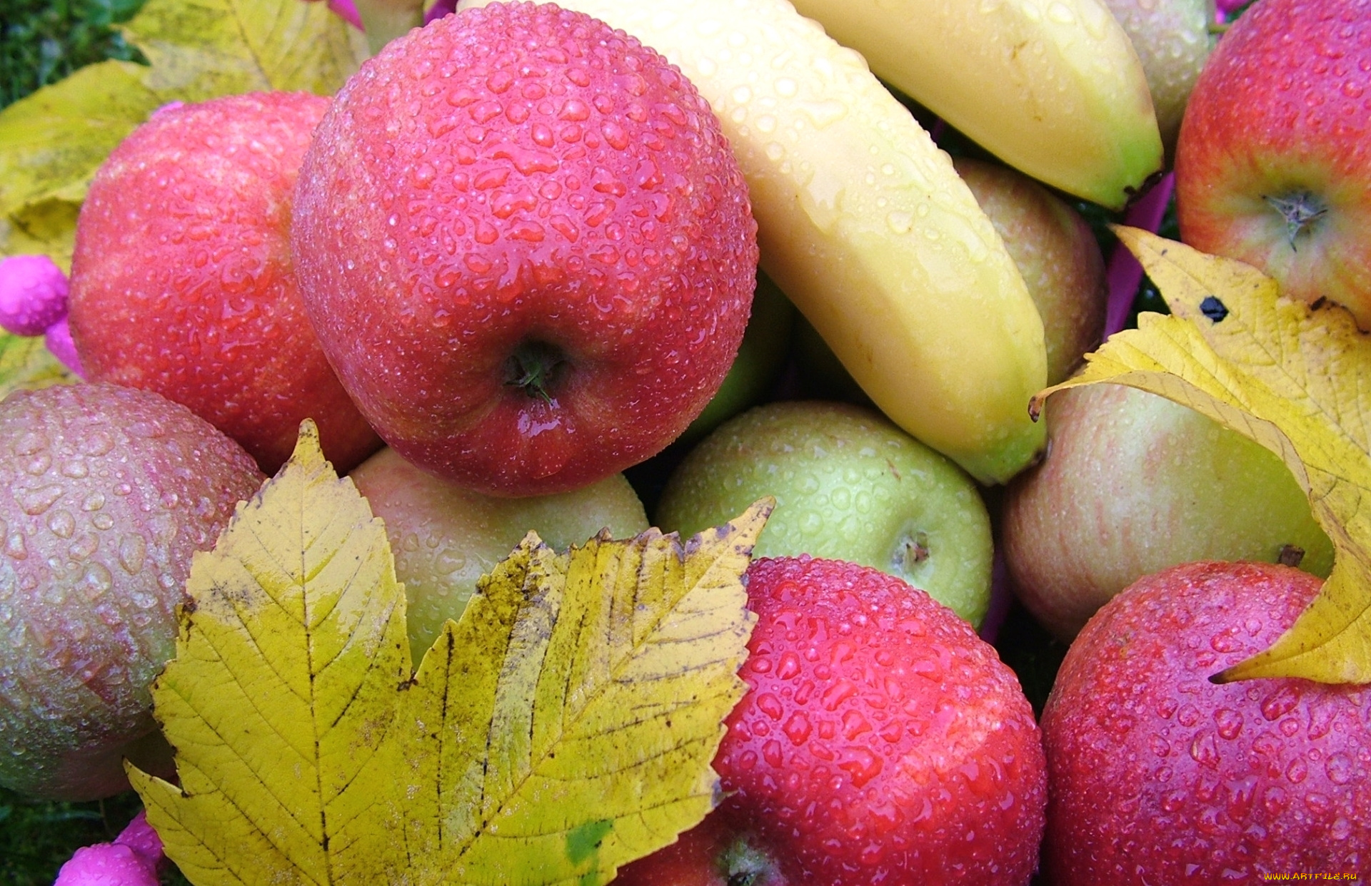 еда, фрукты, , ягоды, яблоки, бананы, капли, листья