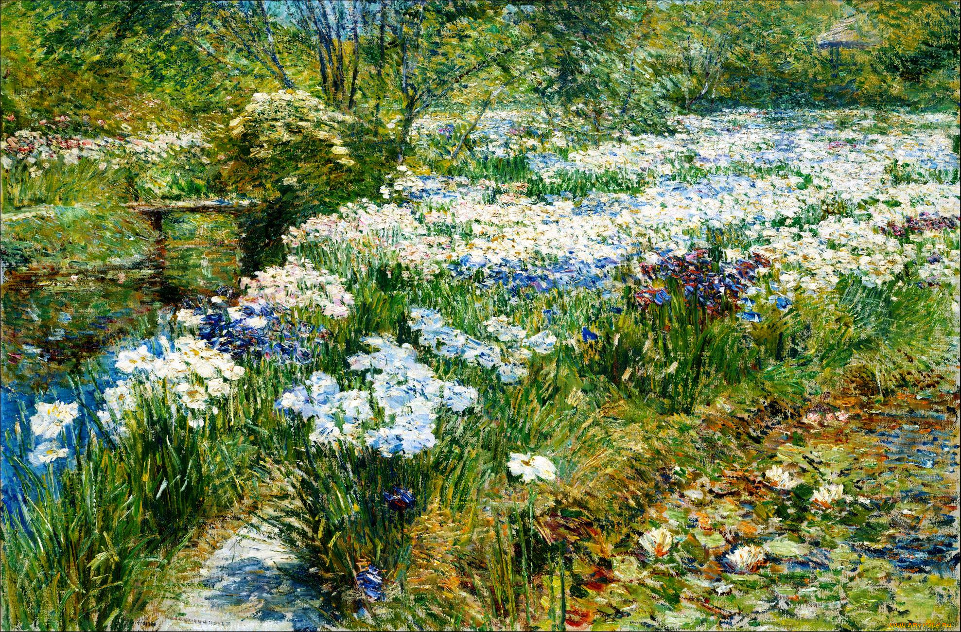 the, water, garden, рисованное, frederick, childe, hassam, трава, цветы, озеро, парк, сад