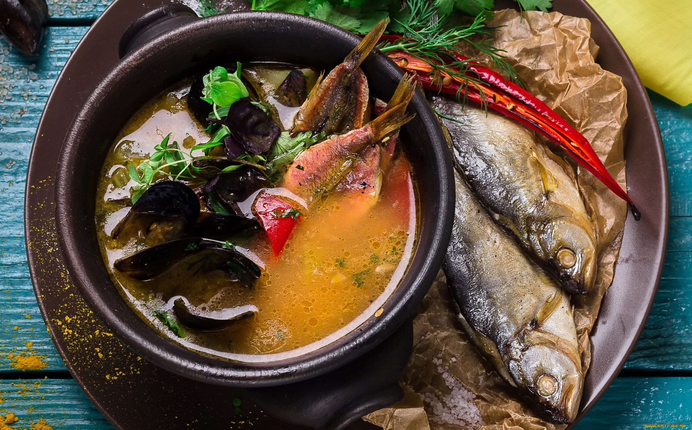 еда, рыбные, блюда, , с, морепродуктами, специи, моллюски, рыба, суп, зелень
