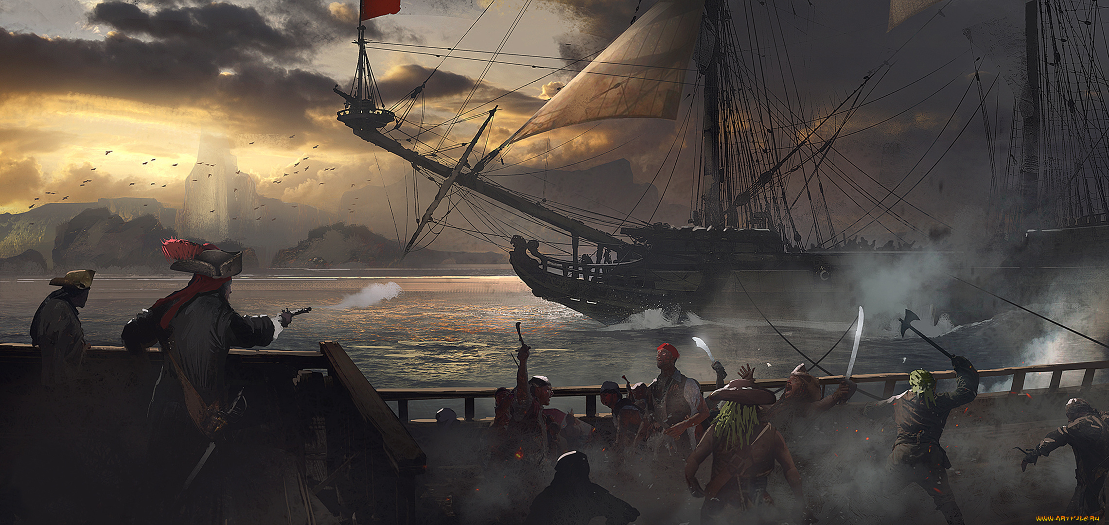 фэнтези, корабли, сражение, парусники, море, пираты