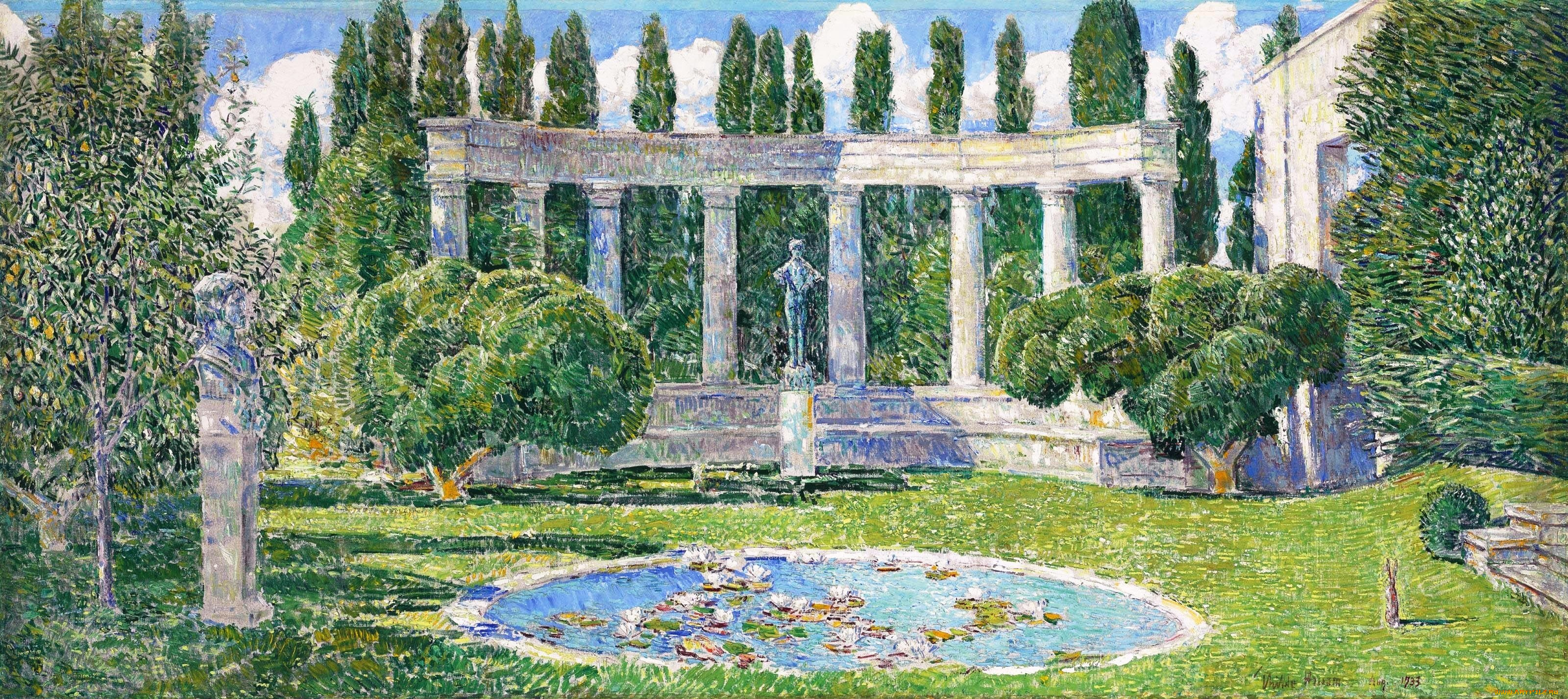 the, josiah, bartlett, garden, amagansett, long, island, рисованное, frederick, childe, hassam, архитектура, озеро, статуи, трава, деревья, парк, сад, колонны