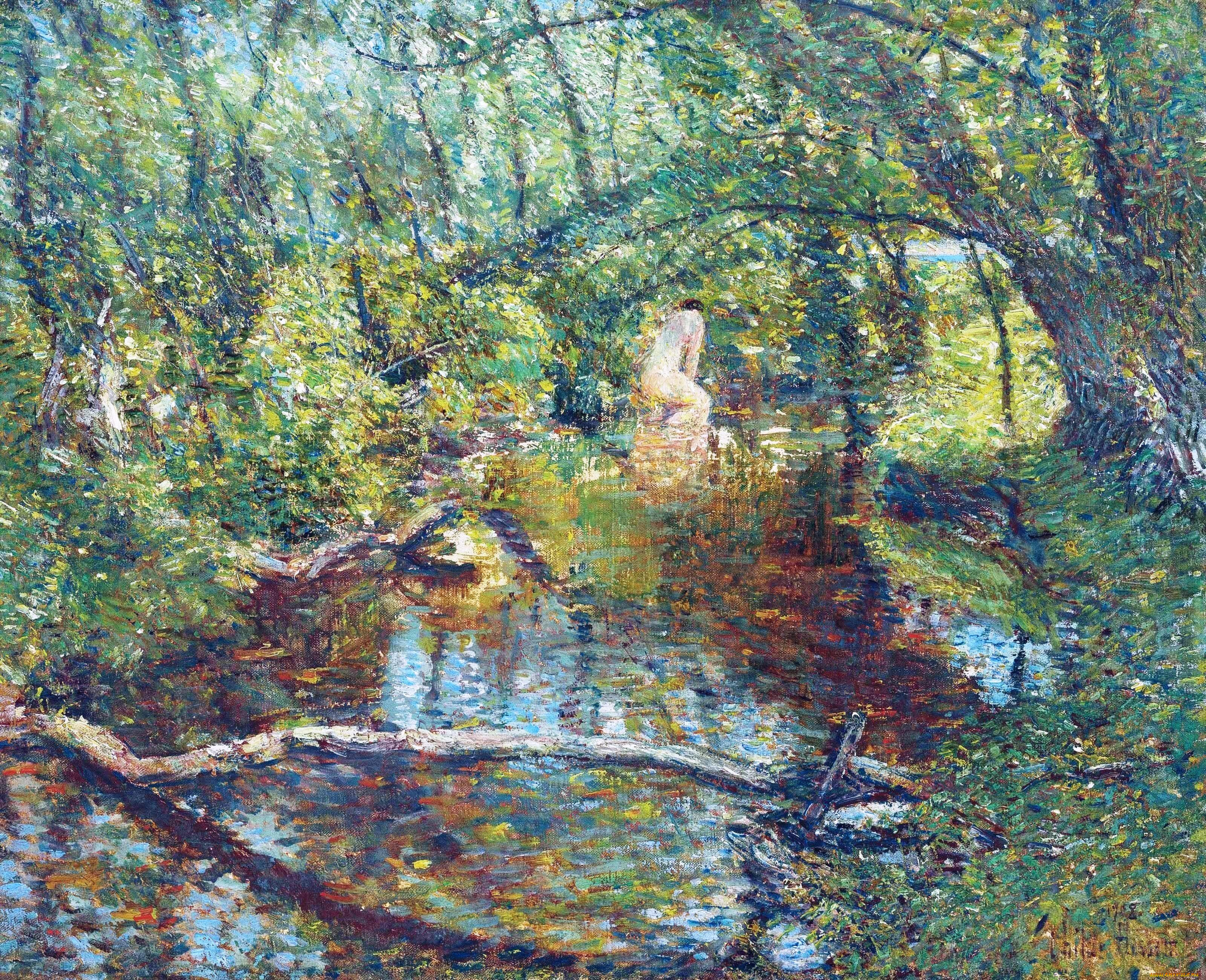 sunlight, brook, рисованное, frederick, childe, hassam, ручей, коряги, деревья, женщина, лес