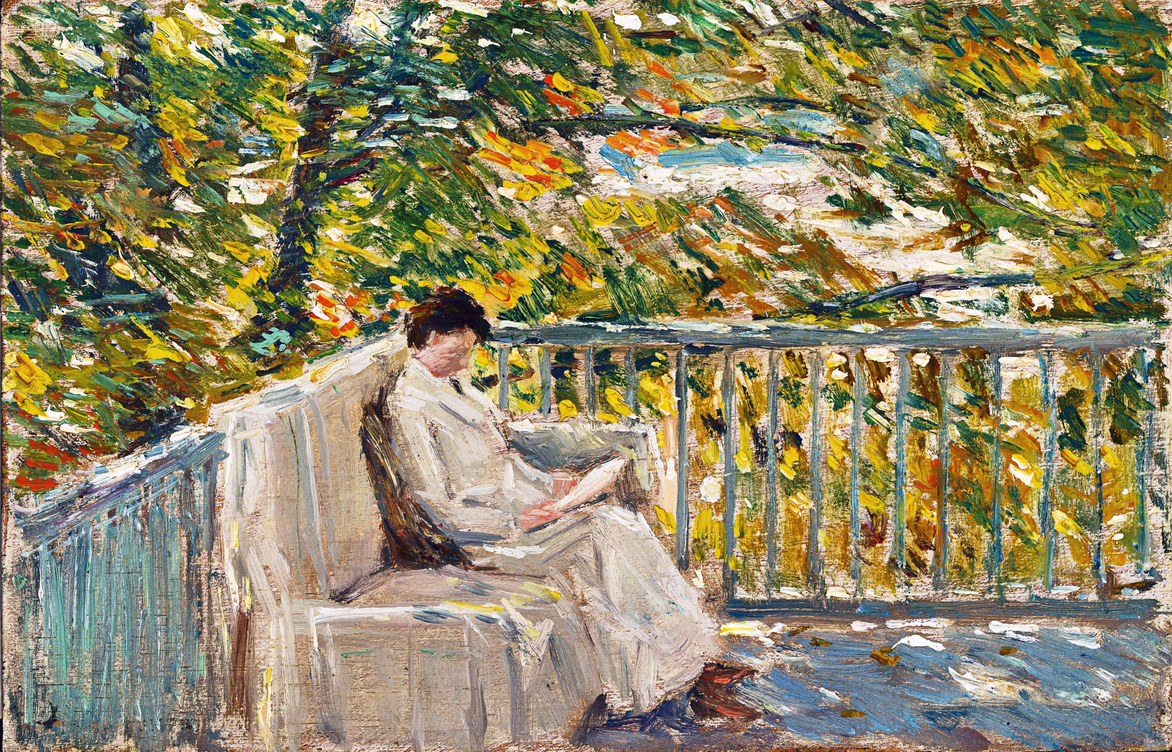 the, balcony, рисованное, frederick, childe, hassam, балкон, осень, деревья, диван, книги, чтение, женщина