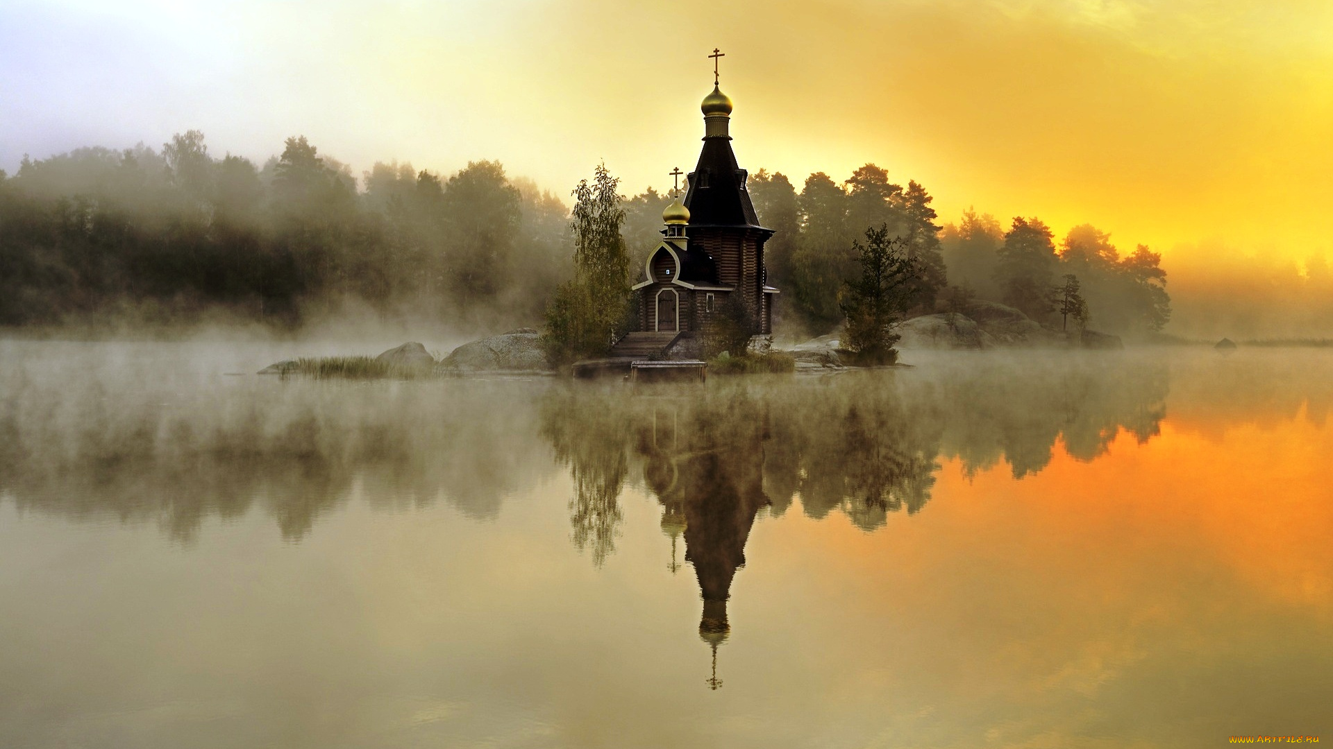 храм, андрея, первозванного, города, -, православные, церкви, , монастыри, озеро, остров, церковь, туман