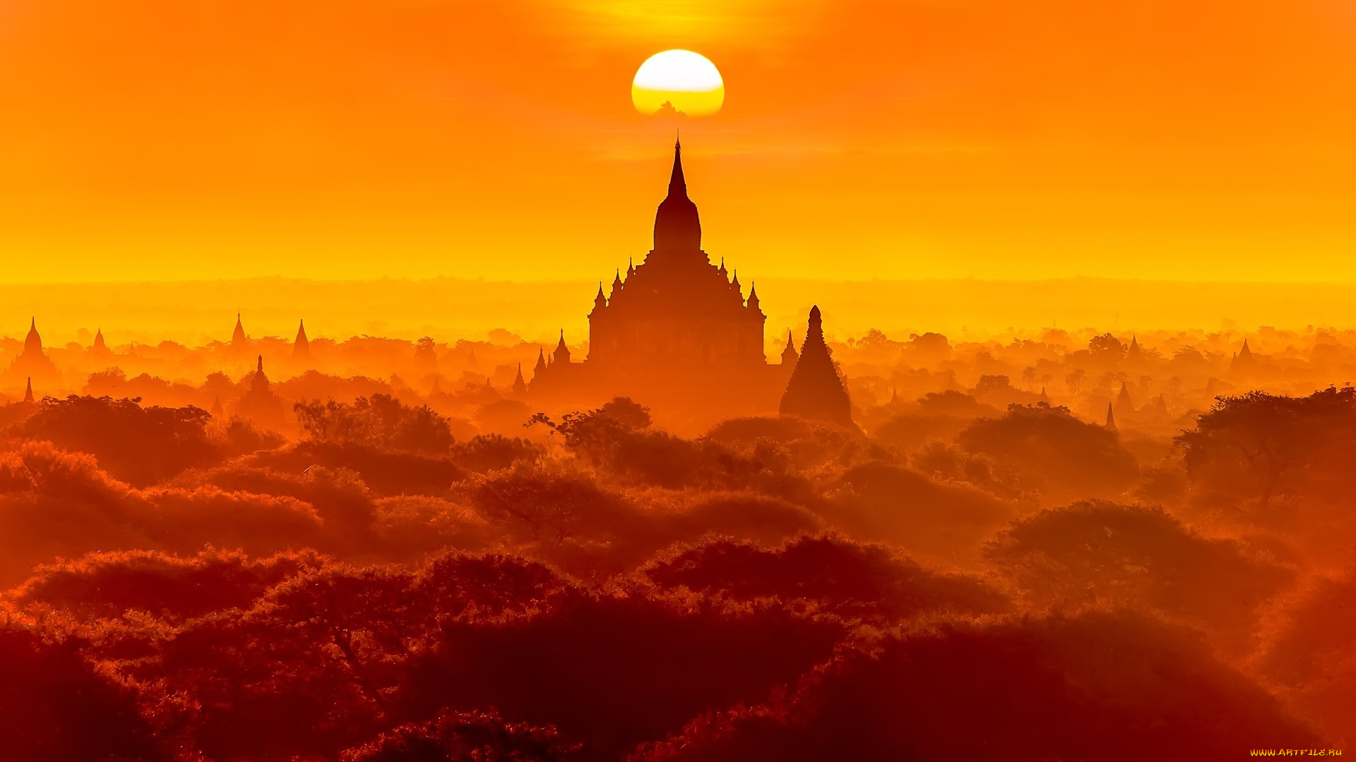 паган, , мьянма, города, -, буддийские, и, другие, храмы, деревья, панорама, храмы, солнце, закат