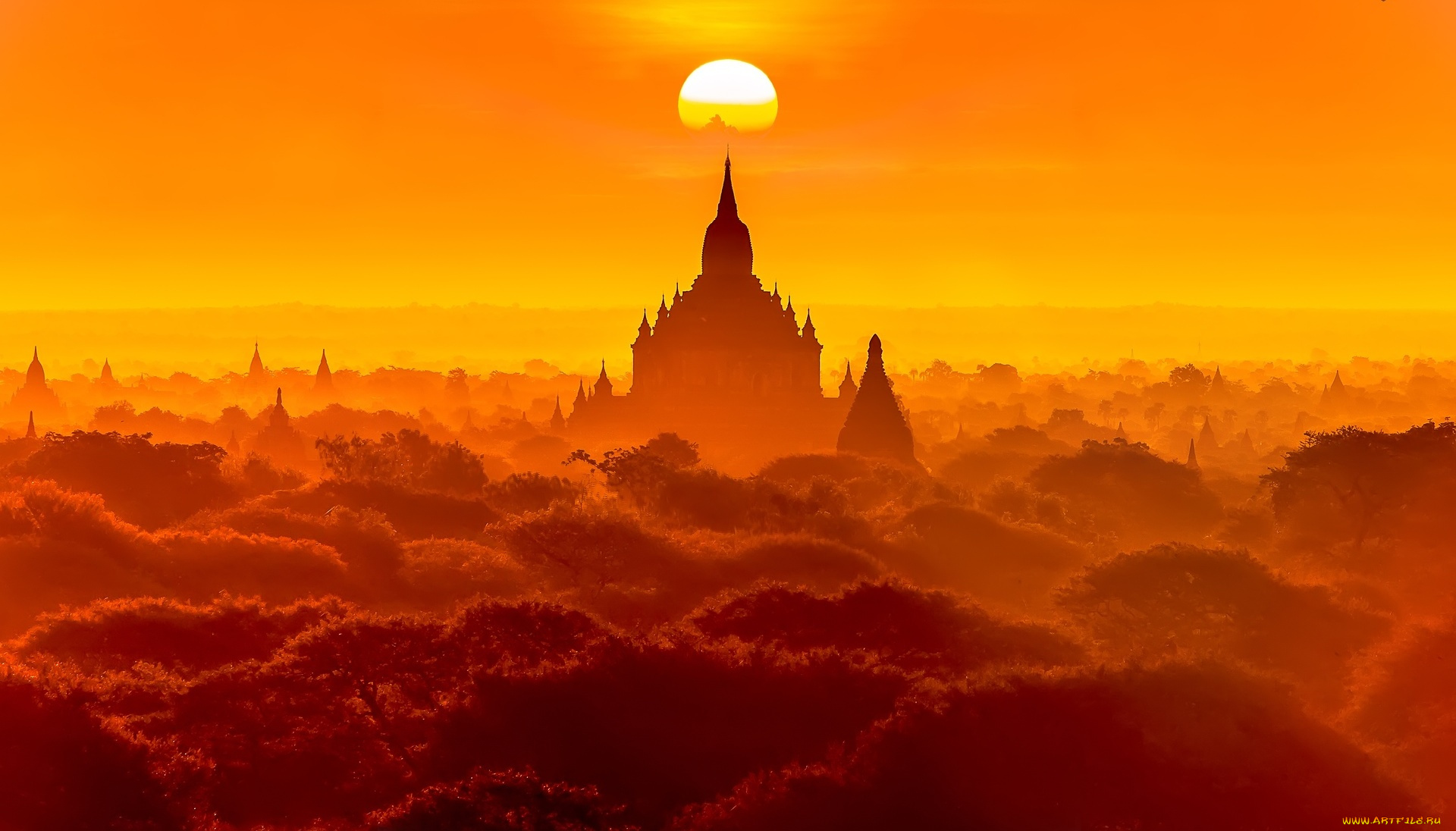 паган, , мьянма, города, -, буддийские, и, другие, храмы, деревья, панорама, храмы, солнце, закат