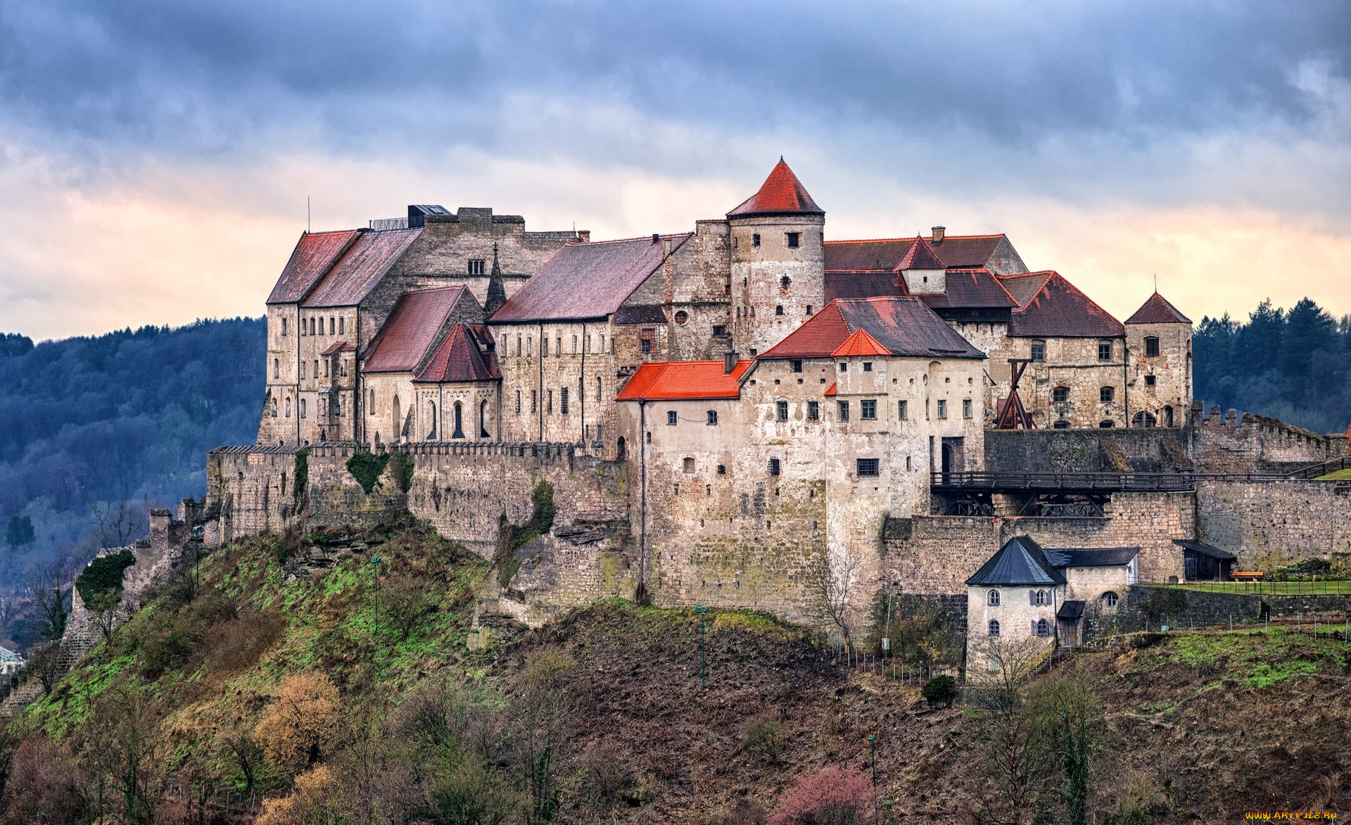 замок, бургхаузен, , германия, города, замки, германии, скала, тучи, горы, замок