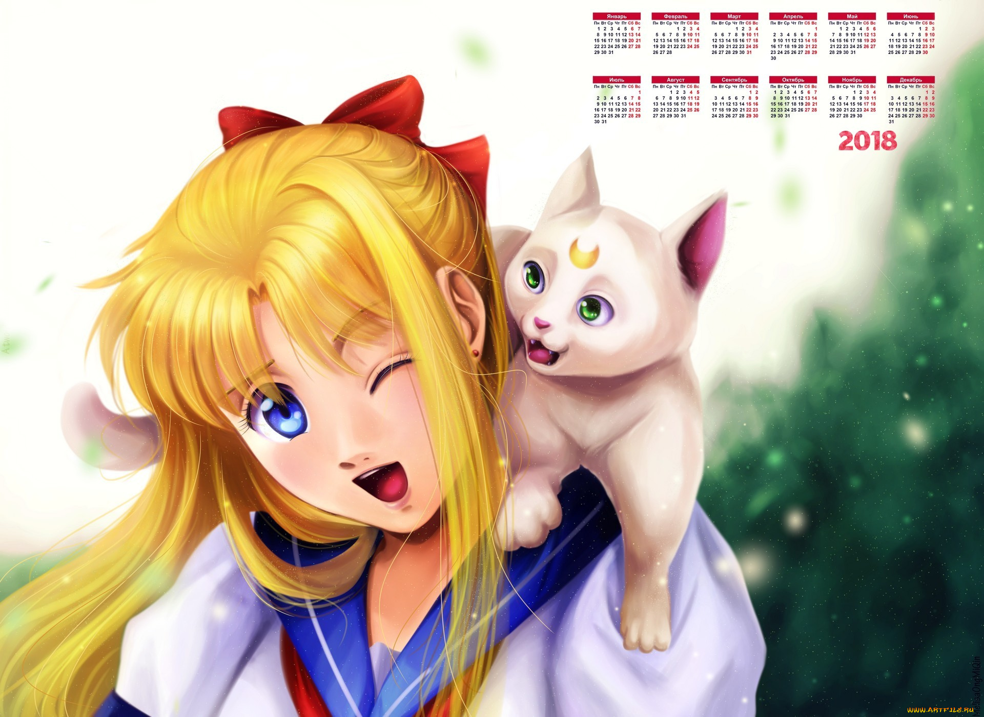 календари, аниме, кошка, бант, девочка