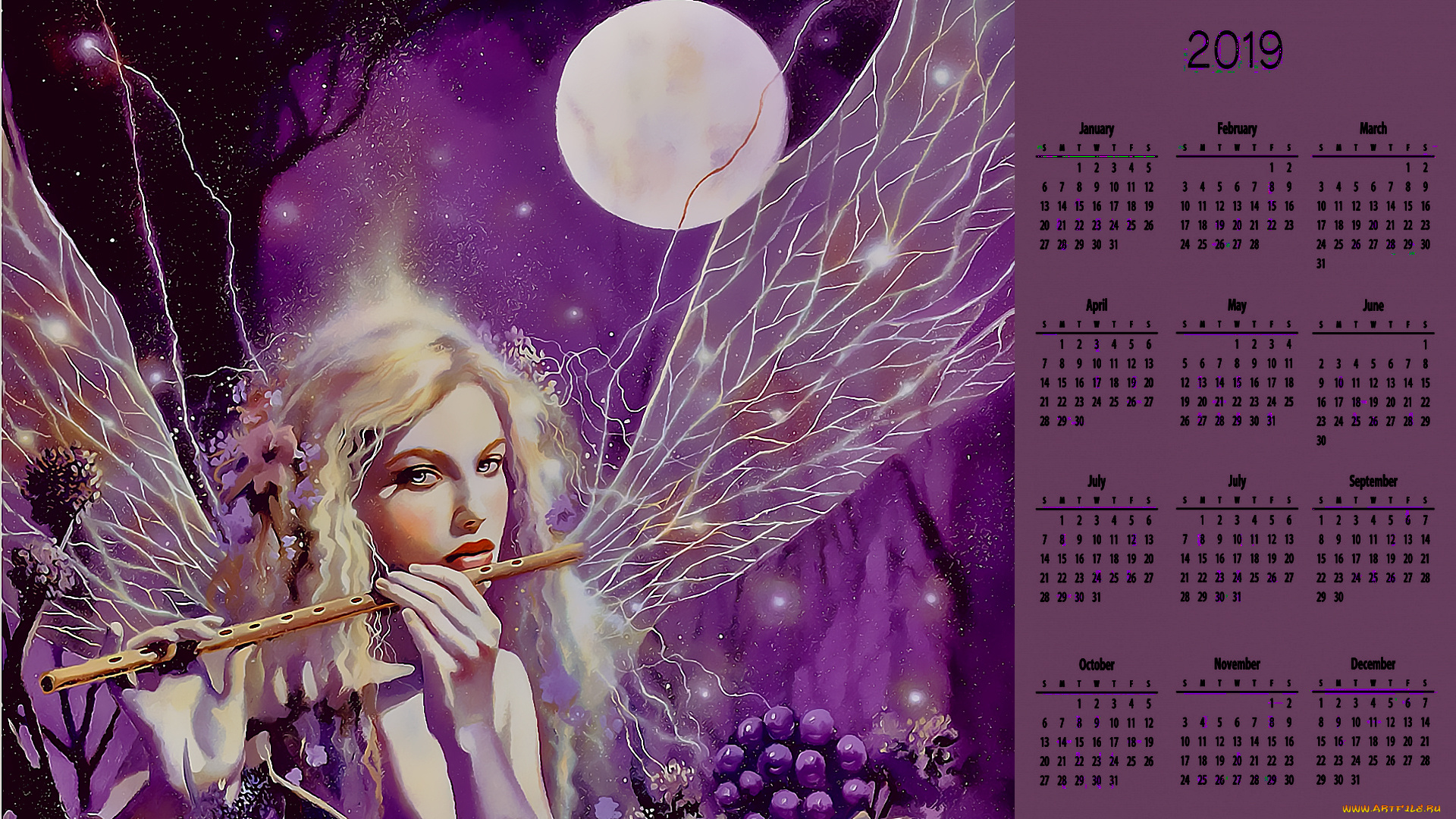 календари, фэнтези, крылья, флейта, луна, лицо, девушка