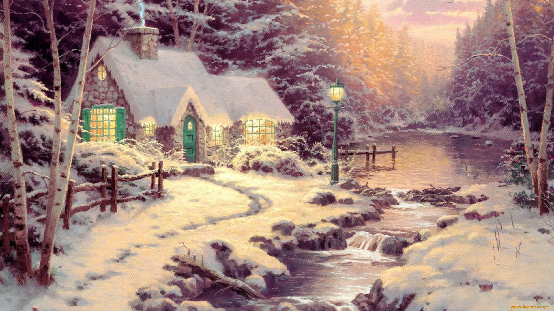 thomas, kinkade, рисованные, лес, река, фонарь, зима, снег, дом, пейзаж