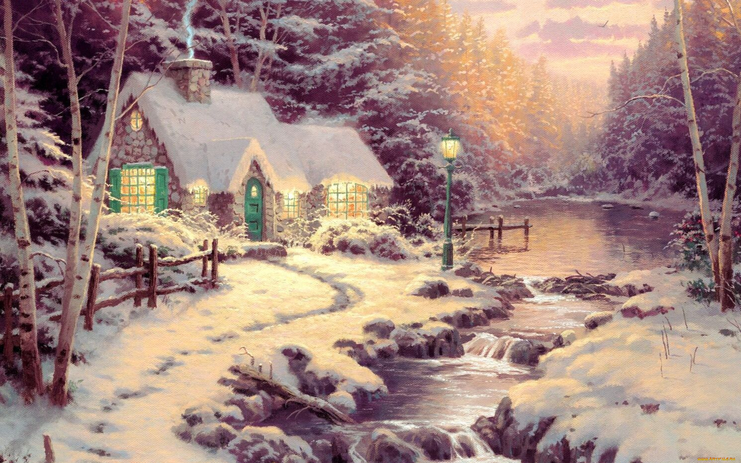 thomas, kinkade, рисованные, лес, река, фонарь, зима, снег, дом, пейзаж