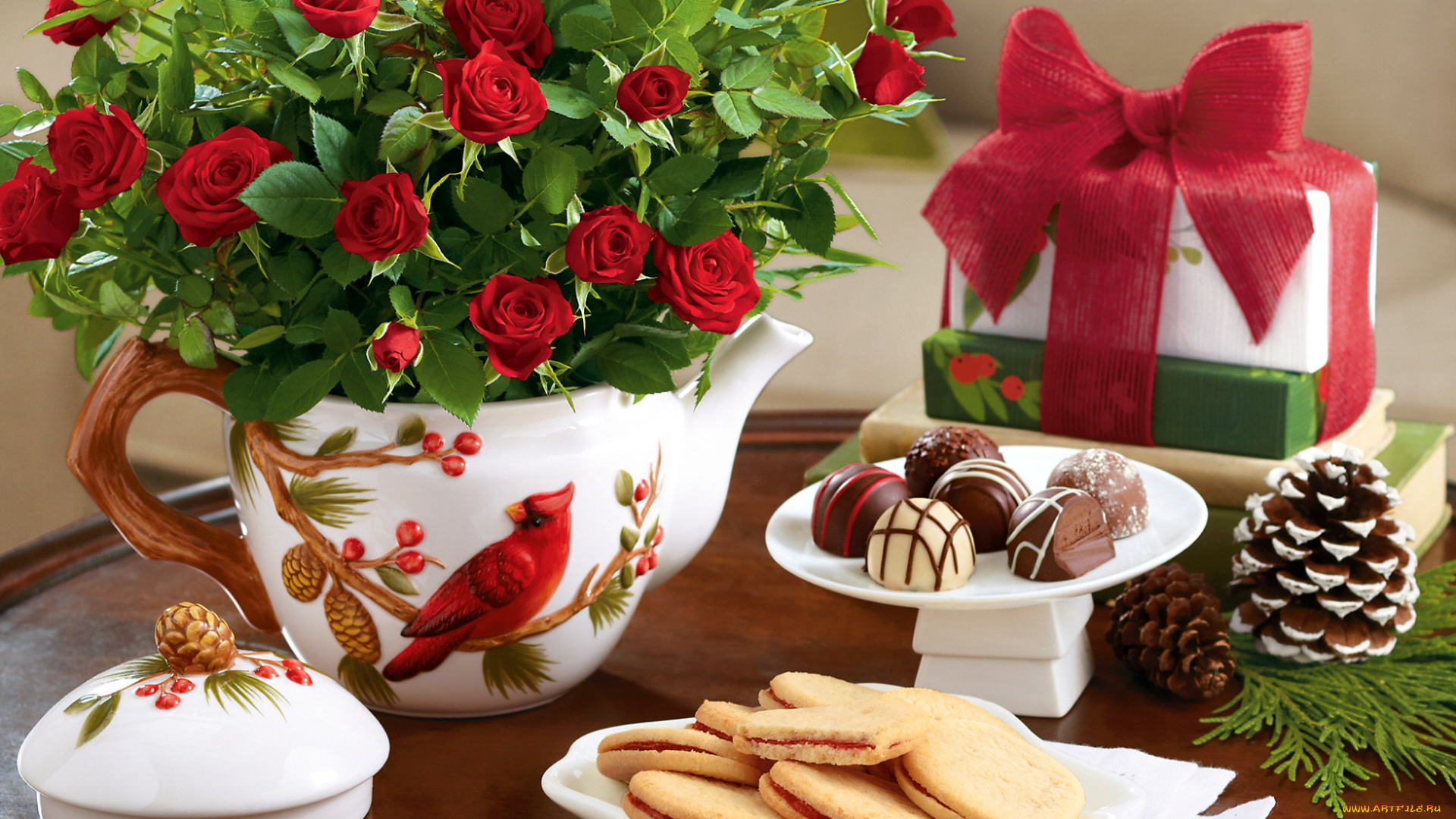 праздничные, угощения, ассорти, конфеты, розы, шишки, печенье, подарки, букет