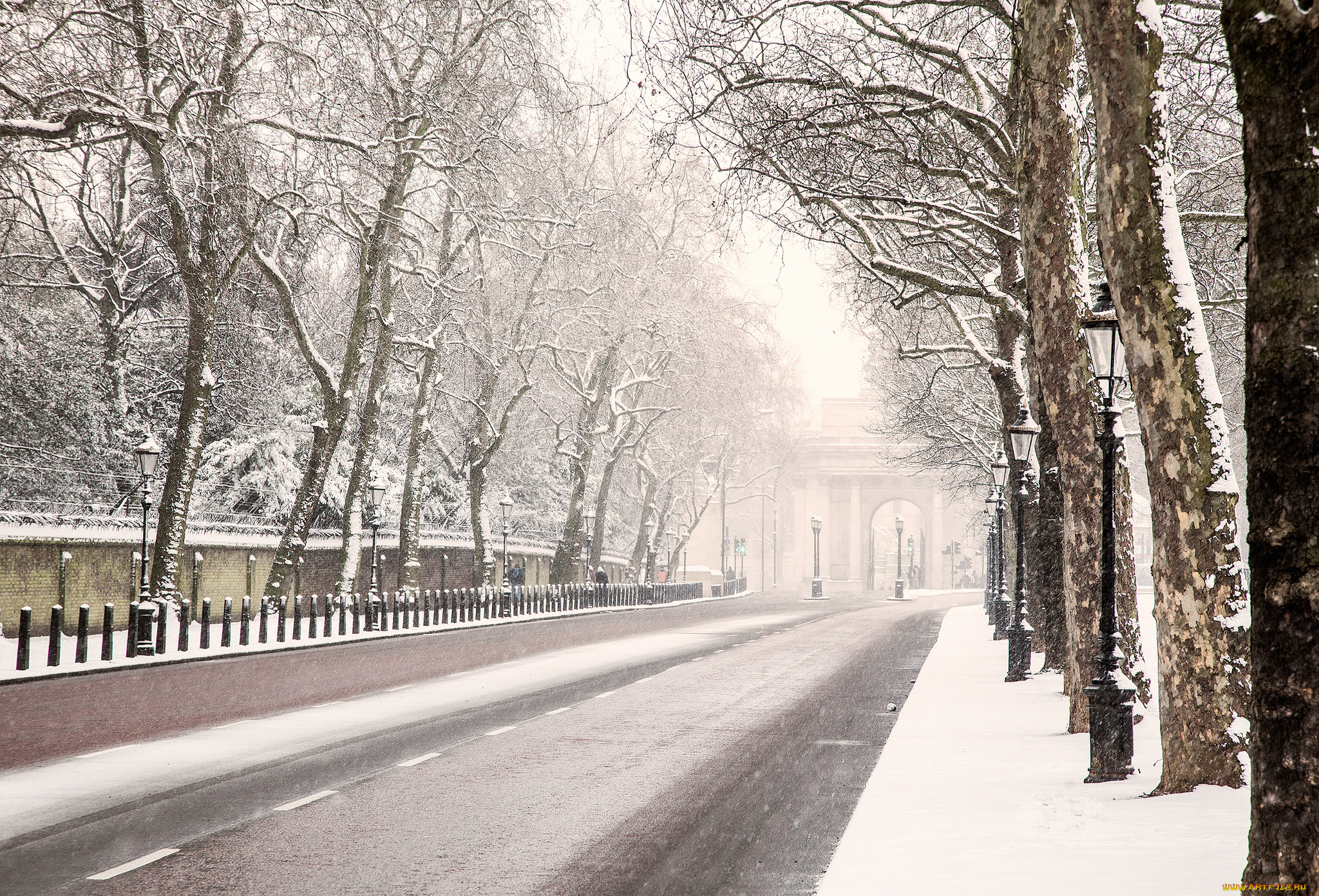 природа, зима, фонари, деревья, снег, дорога, англия, лондон, england, london