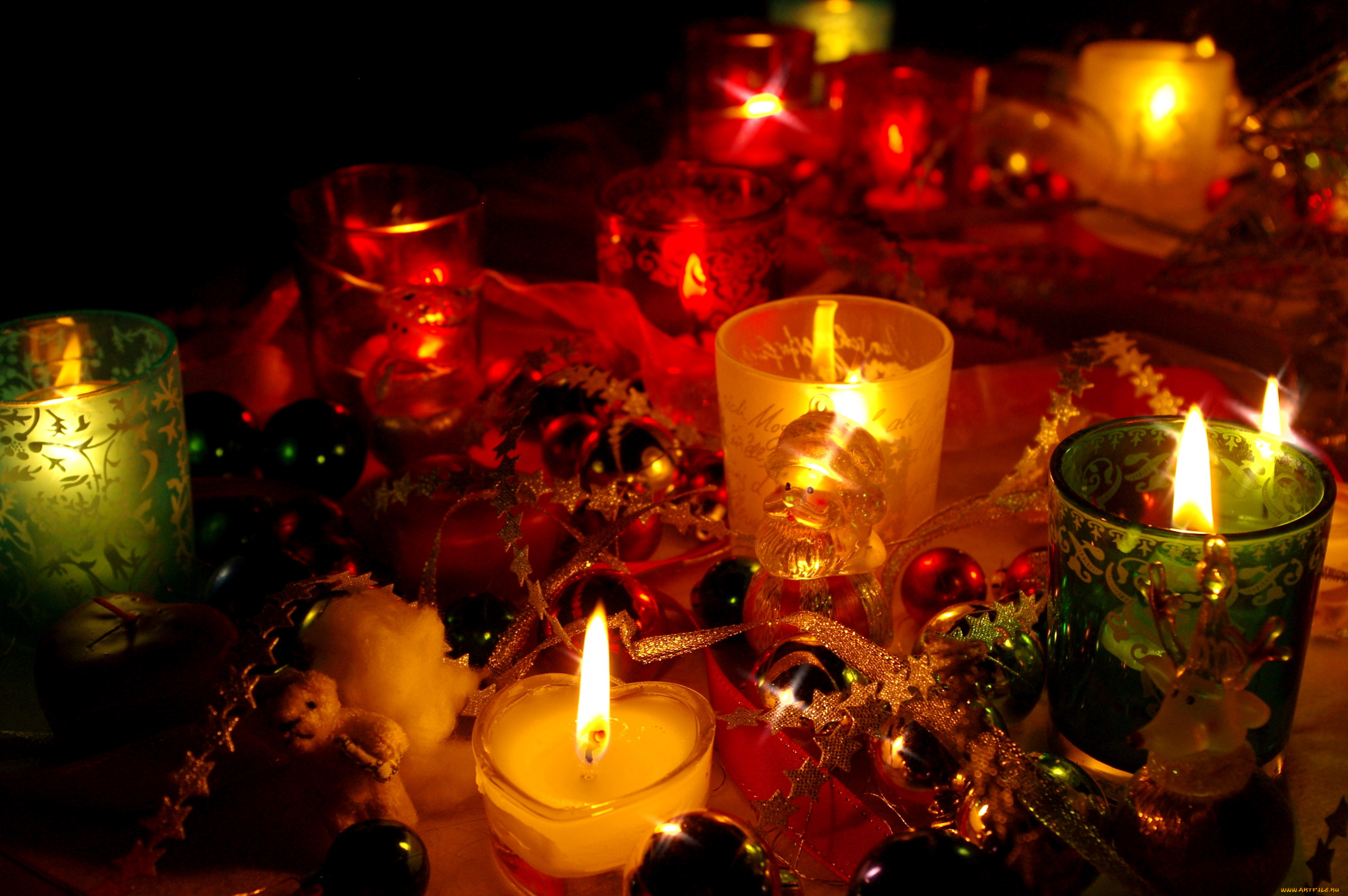 праздничные, новогодние, свечи, праздник, шарики, подсвечники