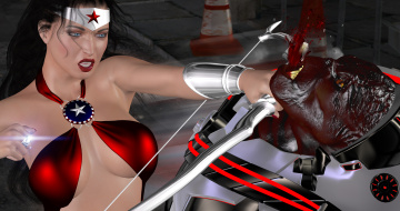 Картинка 3д+графика фантазия+ fantasy девушка существо драка оружие фон взгляд