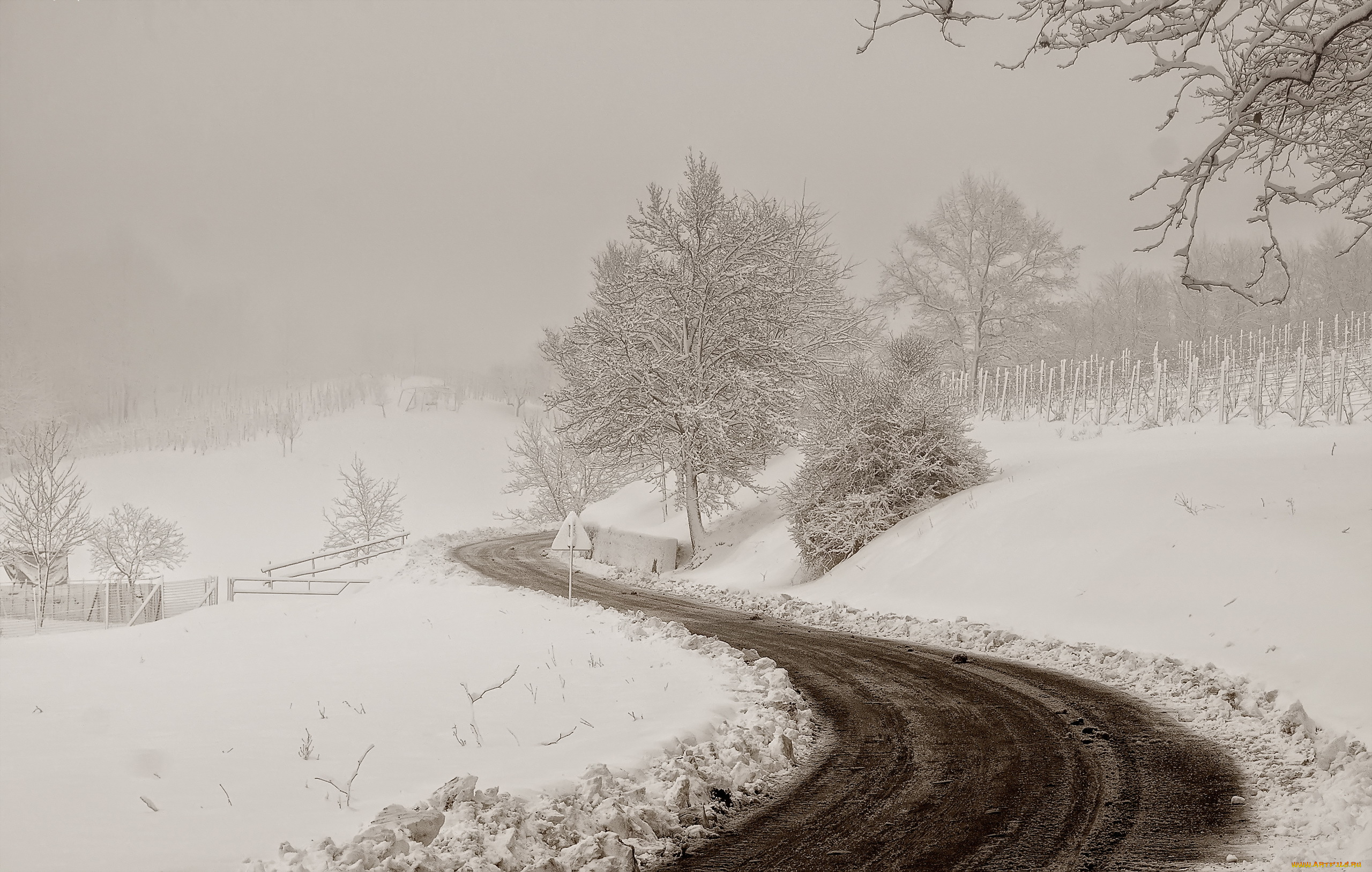 природа, зима, пейзаж, снег, дорога