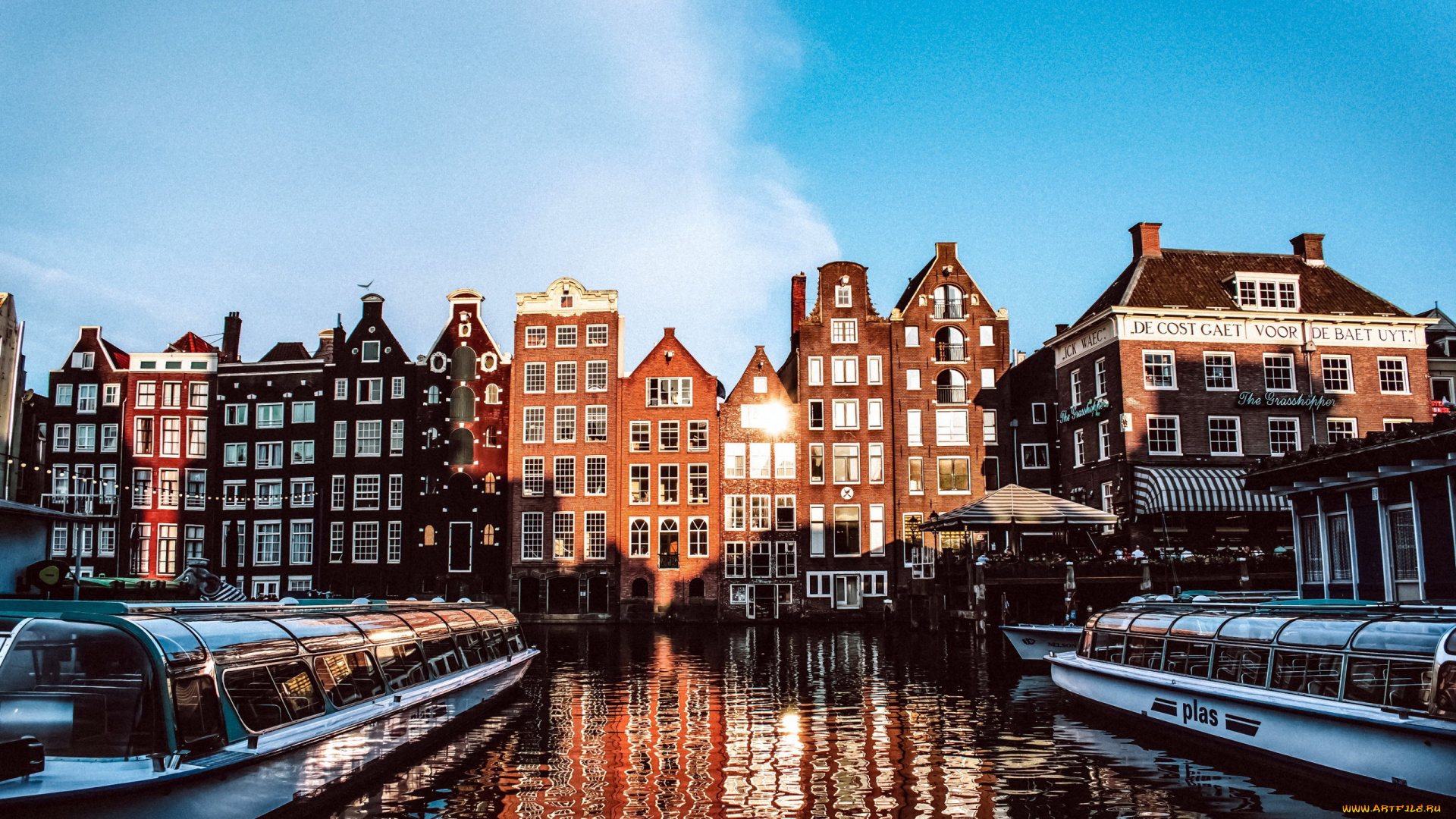 города, амстердам, , нидерланды, лодки, здания, канал