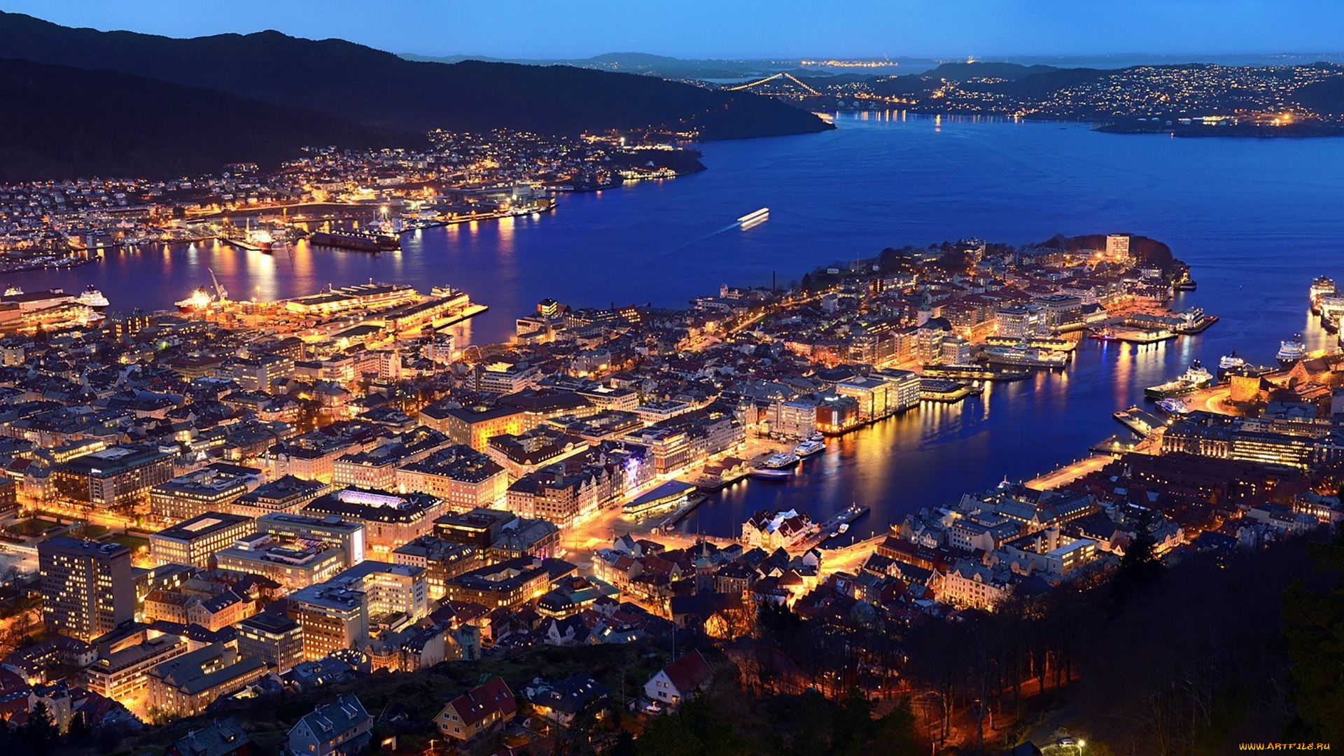 города, берген, , норвегия, панорама, ночь, огни
