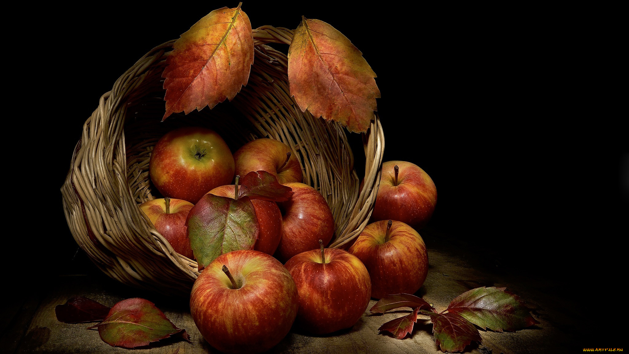 еда, яблоки, листья, корзина