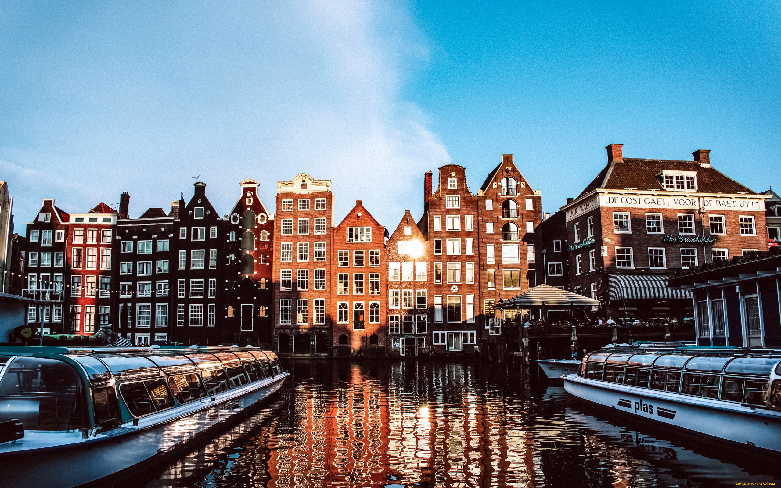 города, амстердам, , нидерланды, лодки, здания, канал