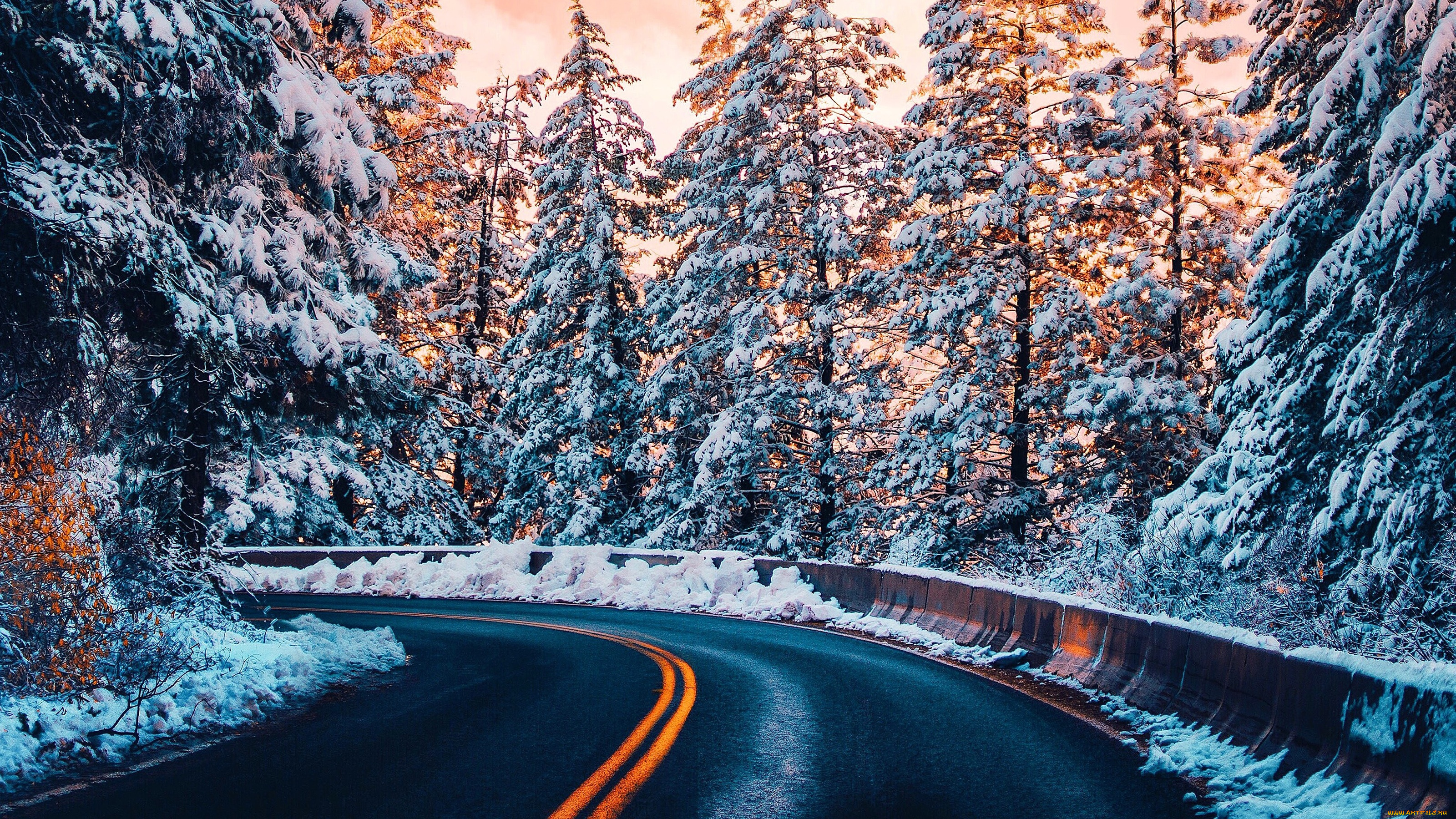 природа, дороги, поворот, снег, шоссе, зимняя, трасса