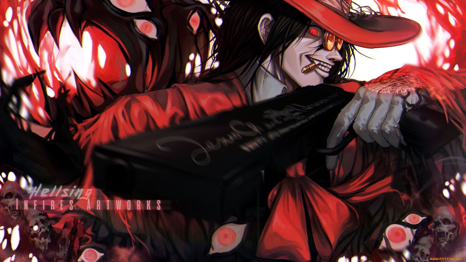 аниме, hellsing, вампир, глаза, оружие, шляпа, очки, бант