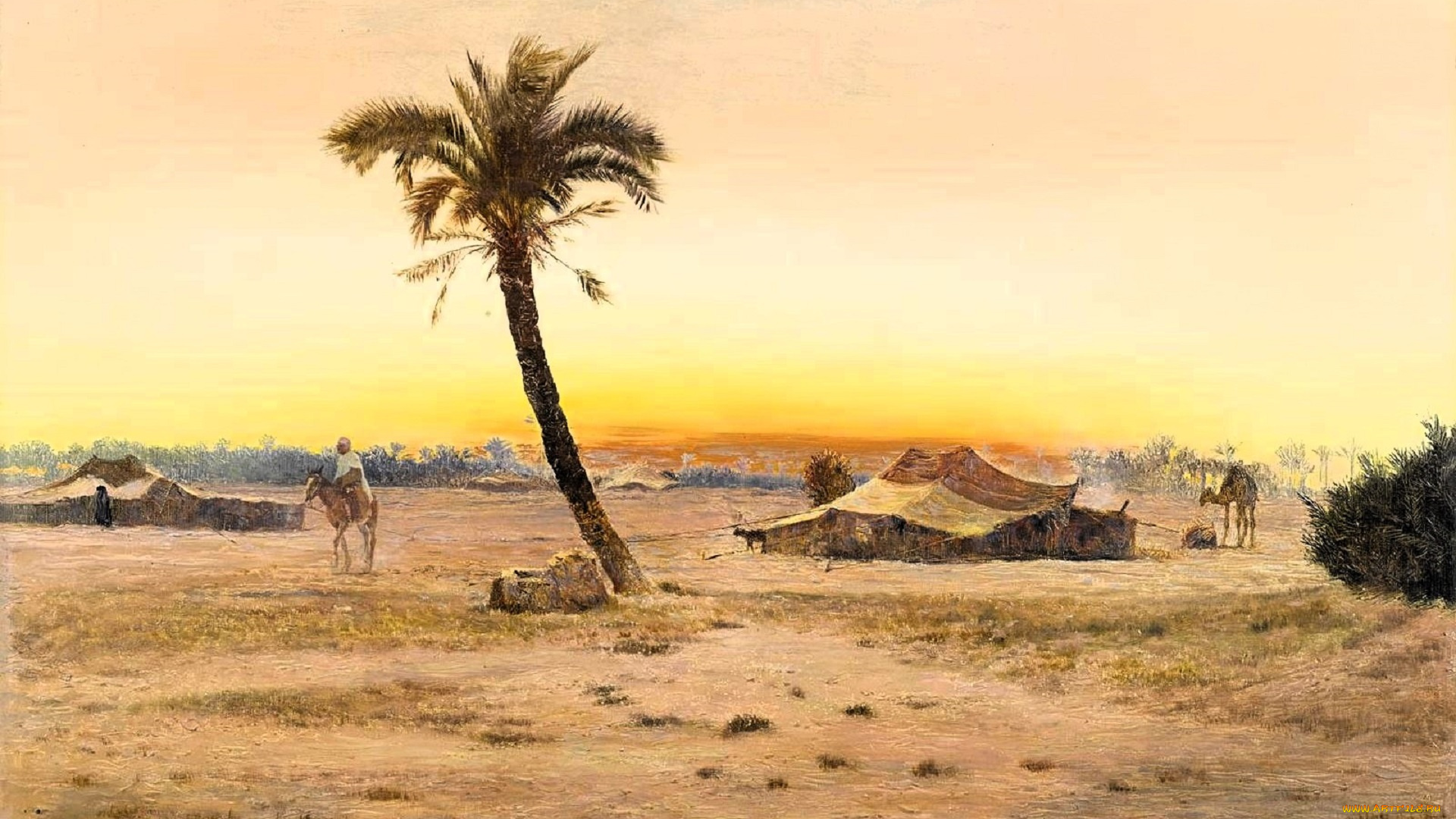 otto, pilny, -, oasis, near, cairo, рисованное, otto, pilny, оазис, пустыня, пальма, шатры, люди, животные