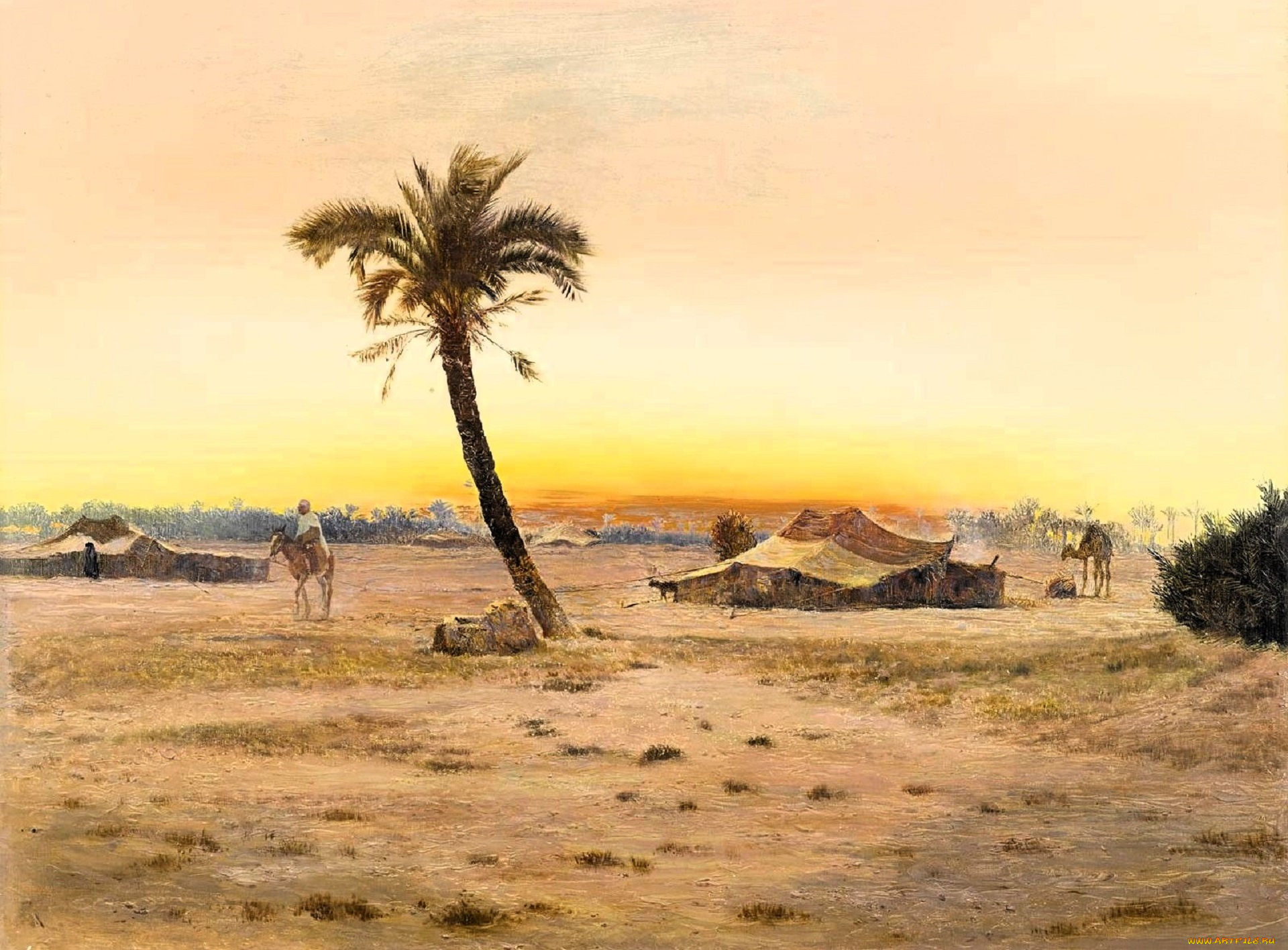 otto, pilny, -, oasis, near, cairo, рисованное, otto, pilny, оазис, пустыня, пальма, шатры, люди, животные