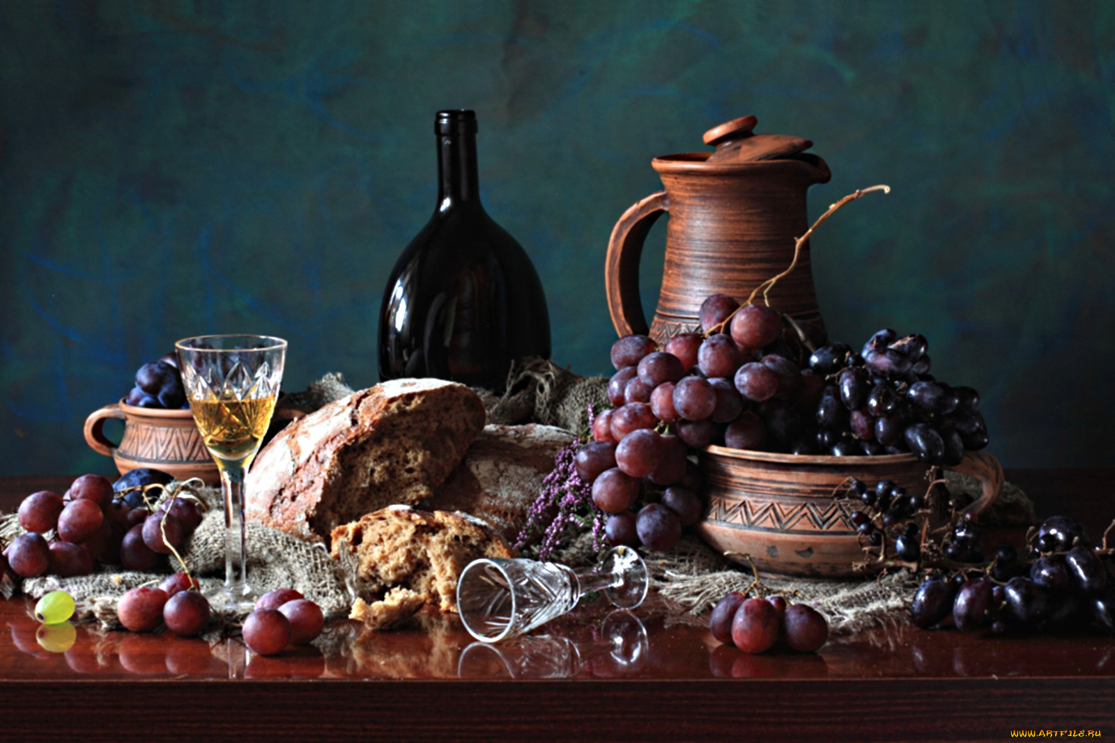 еда, натюрморт, виноград, хлеб, кувшин, вино