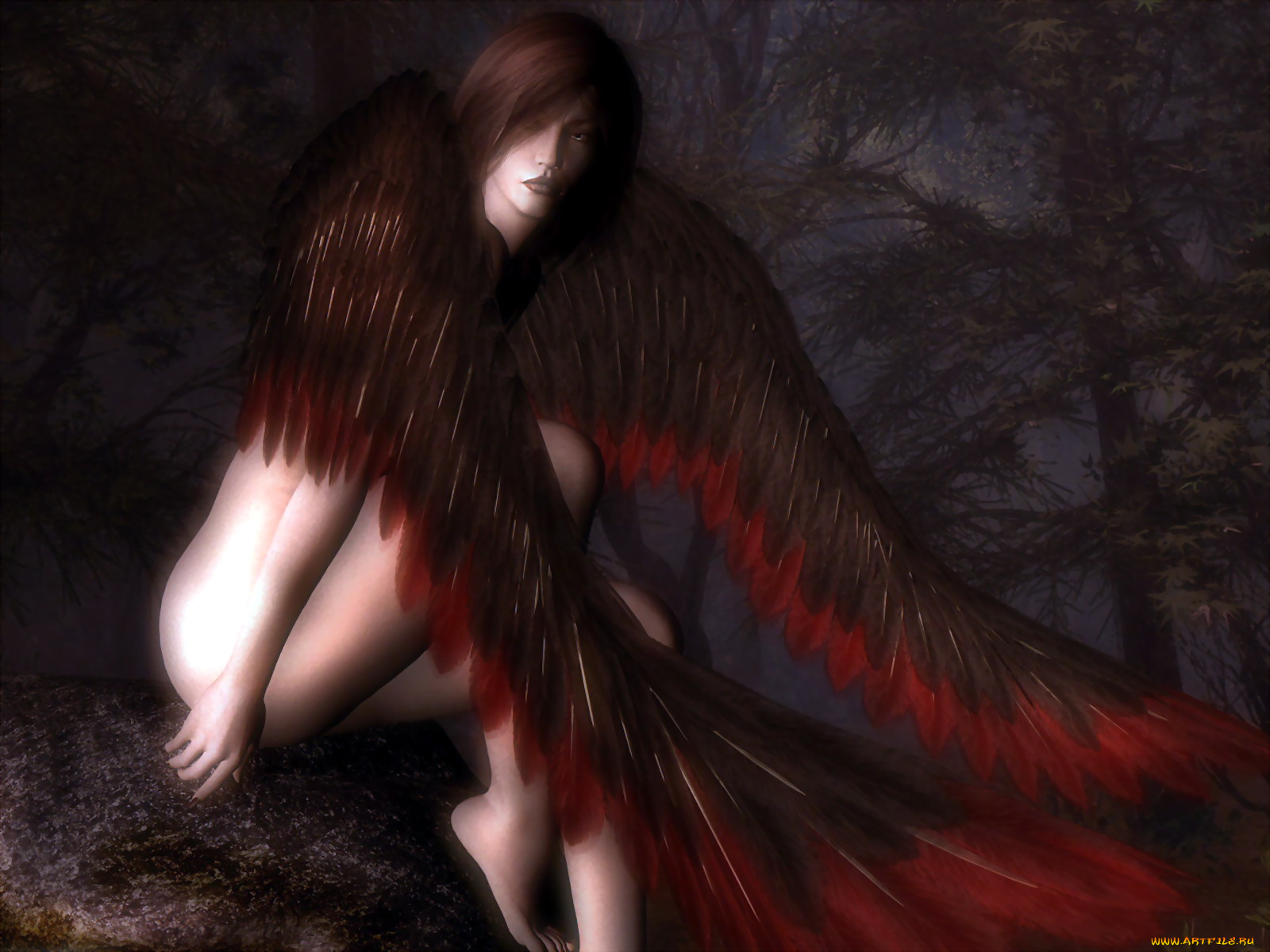 ангел, 3д, графика, angel, крылья, девушка, камень, лес