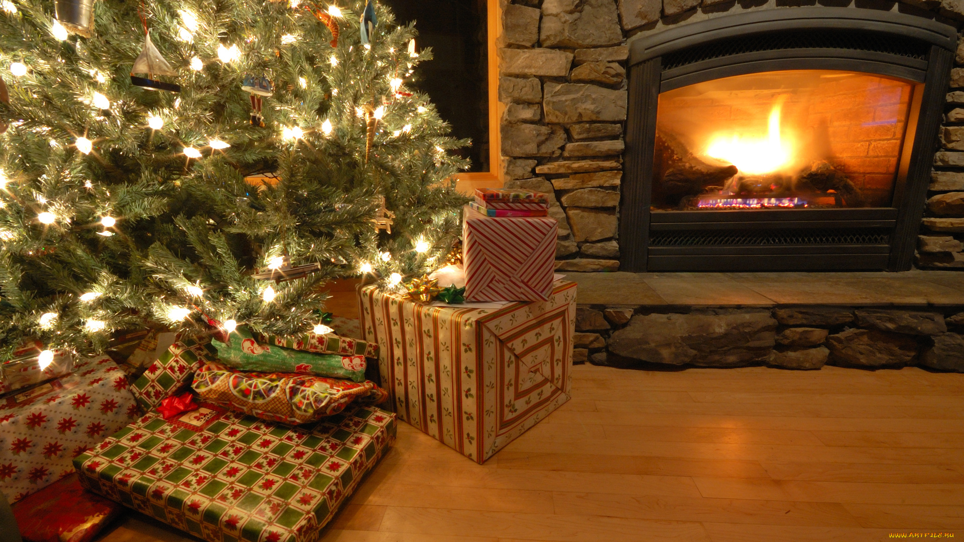 праздничные, новогодний, очаг, елка, подарки, новый, год