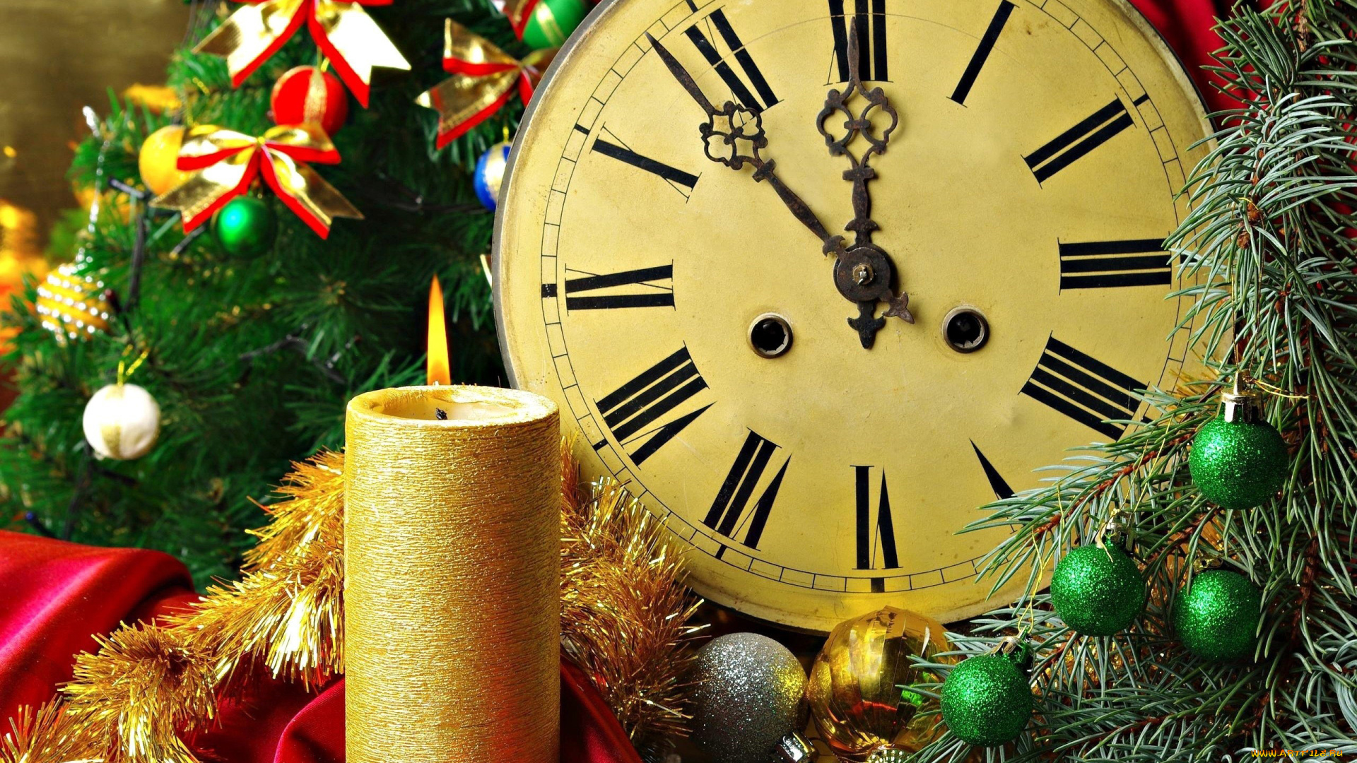 праздничные, разное, новый, год, свеча, мишура, часы, циферблат, шарики