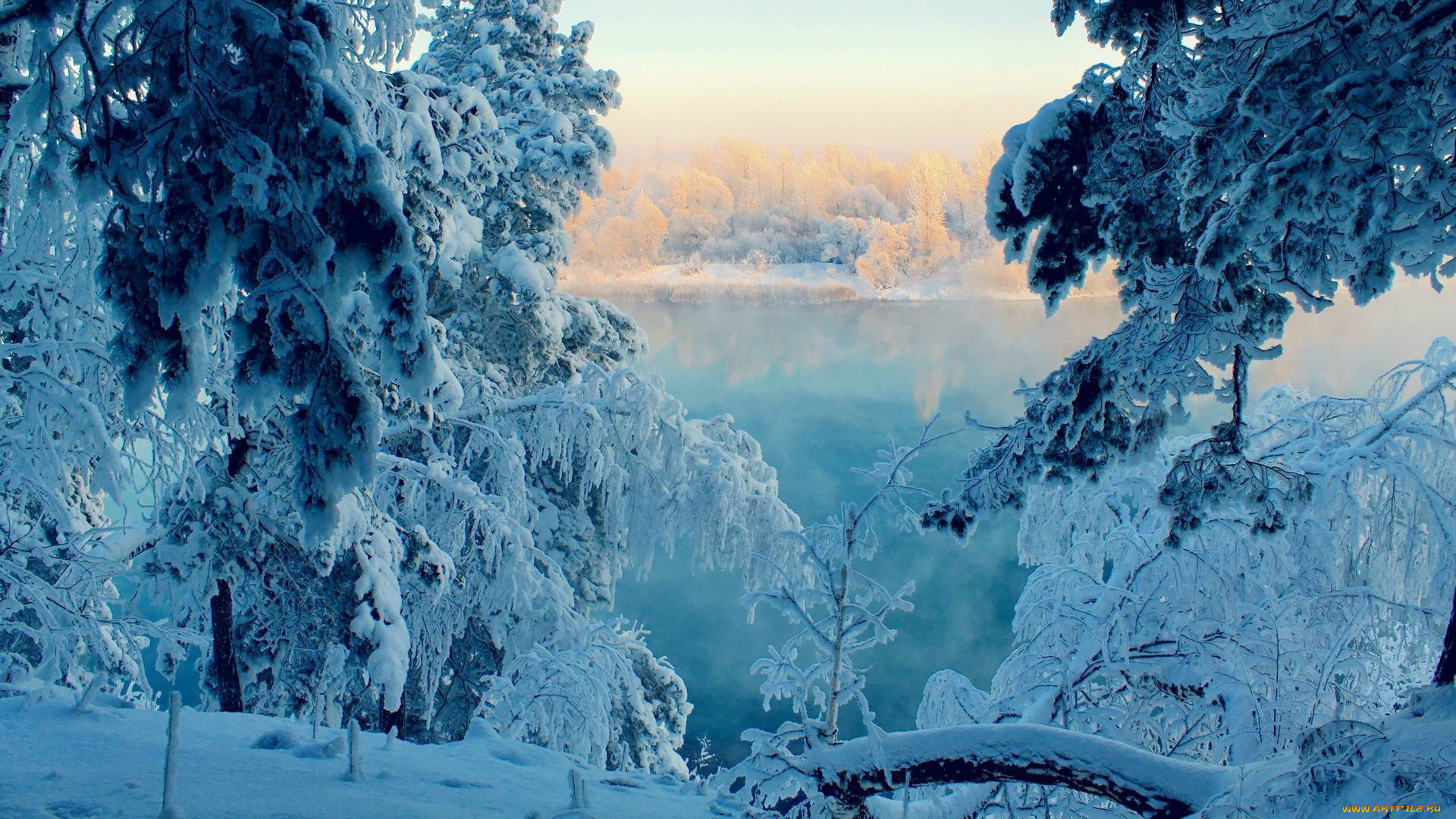 природа, зима, лед, снег, озеро, лес