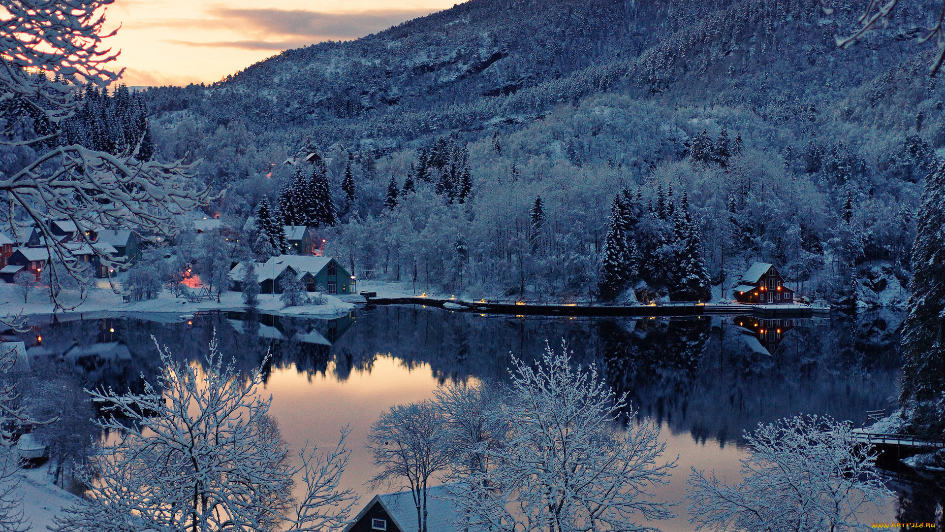 природа, зима, лес, горы, озеро, норвегия, отражение, снег, norway, дома