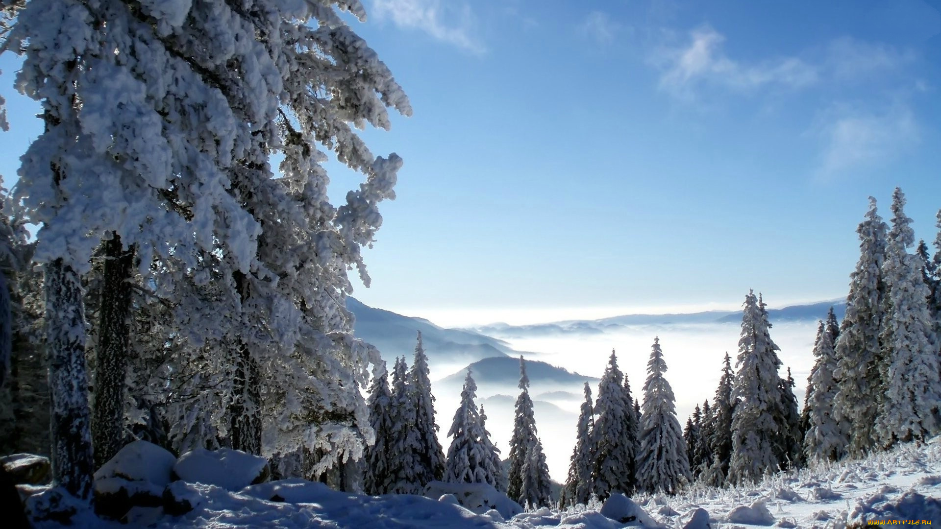 природа, зима, облака, туман, горы, сугробы, снег, лес