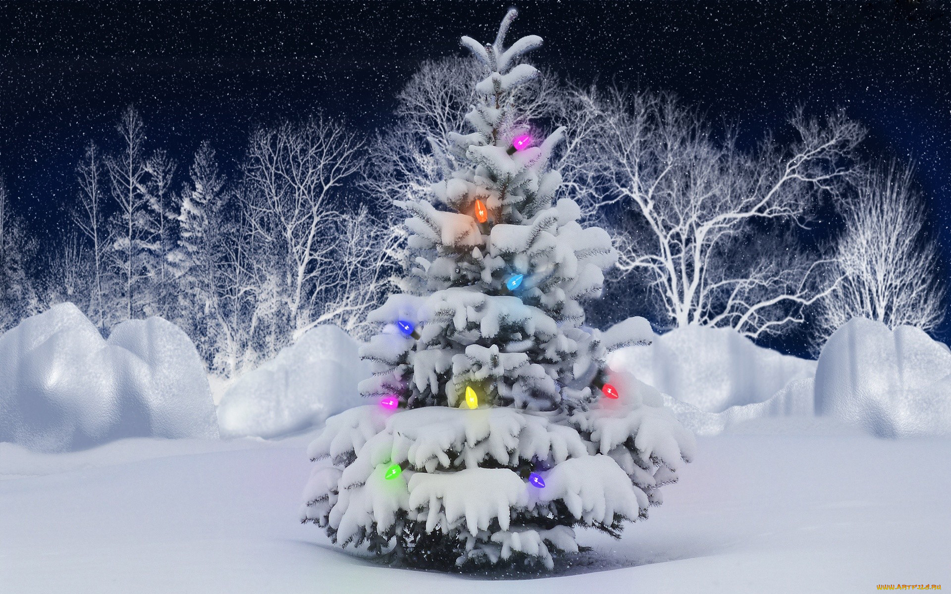 праздничные, Ёлки, лампочки, елка, снег