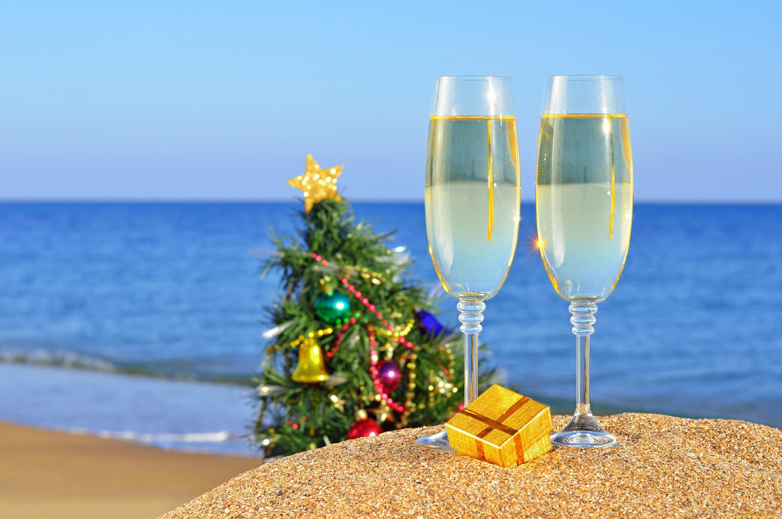 праздничные, угощения, шампанское, елка, пляж, песок