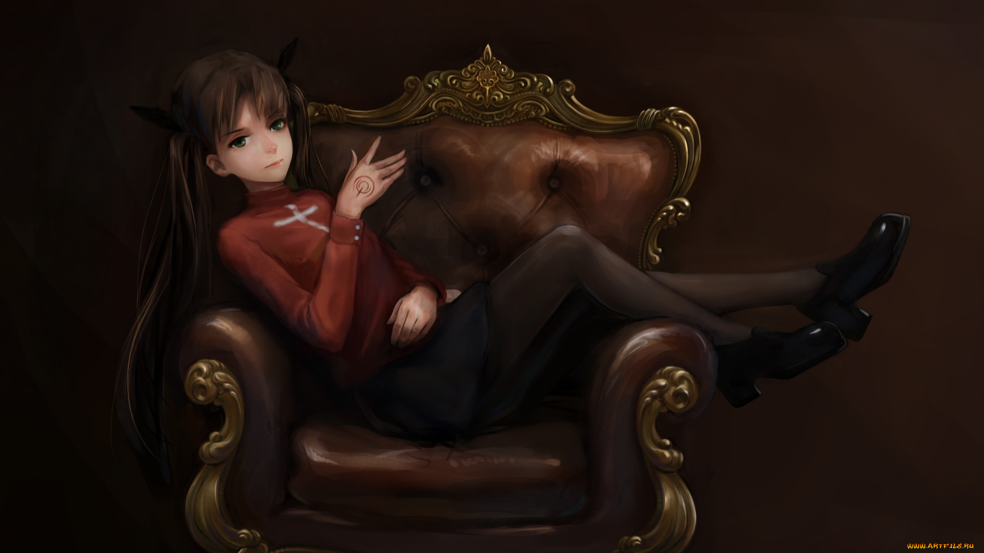 аниме, fate, stay, night, tohsaka, rin, makesi, арт, девушка, кресло, комната