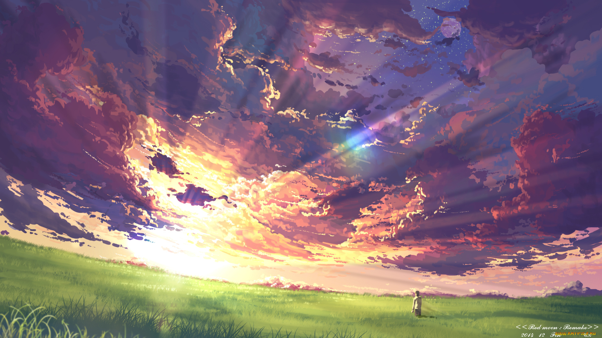 аниме, unknown, , другое, облака, солнце, лучи, парень, закат, поле, арт, yuuko-san