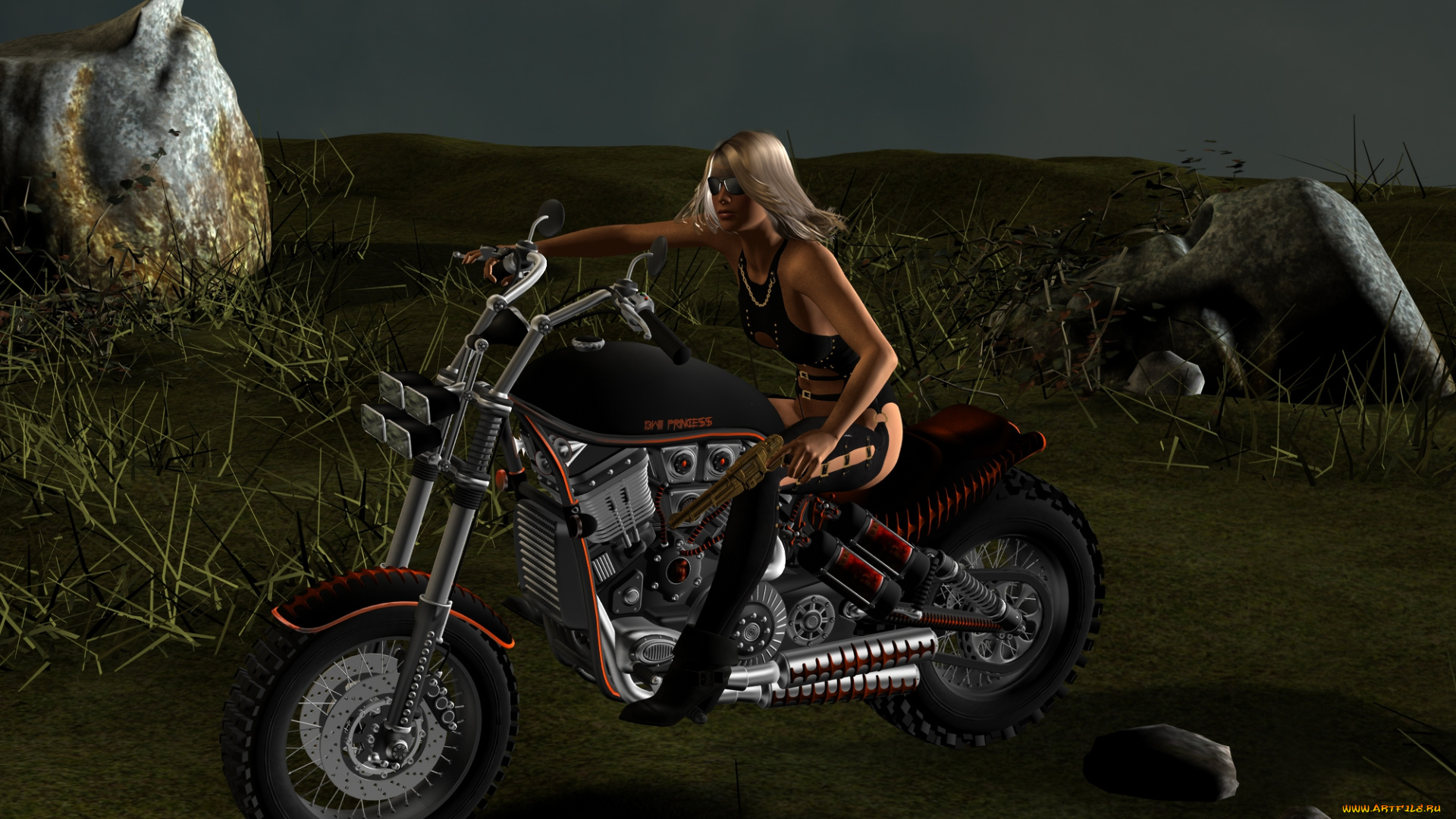 мотоциклы, 3d, взгляд, девушка, оружие, мотоцикл, фон
