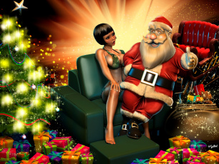 Картинка 3д+графика праздники+ holidays кресло девушка украшение ель подарки санта клаус