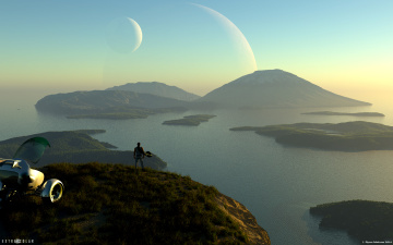 обоя 3д графика, фантазия , fantasy, небо, пейзаж, вода, озеро, планеты, горы, фантастика