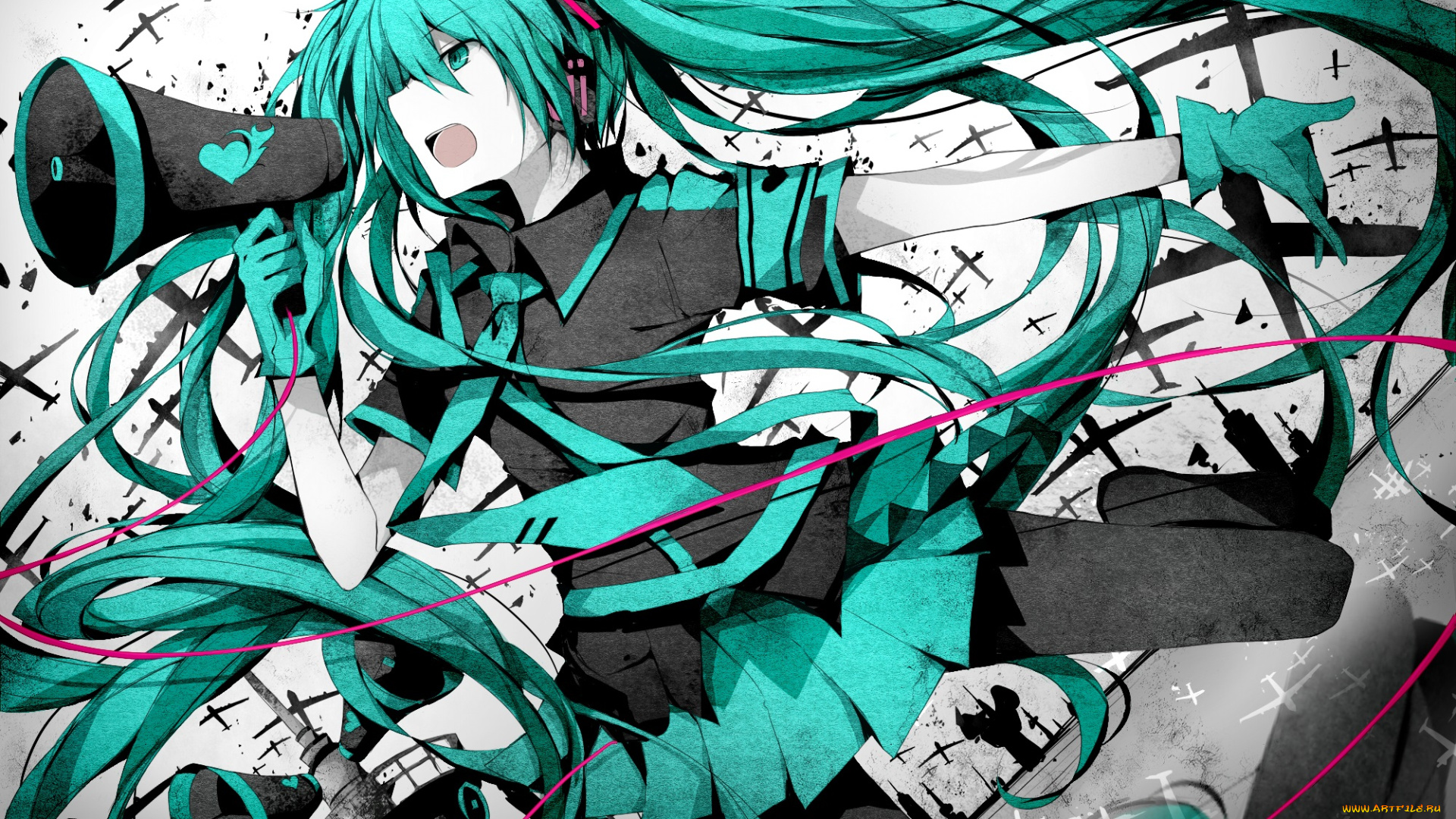 аниме, vocaloid, hatsune, miku, peneko, арт, микрофон, девушка