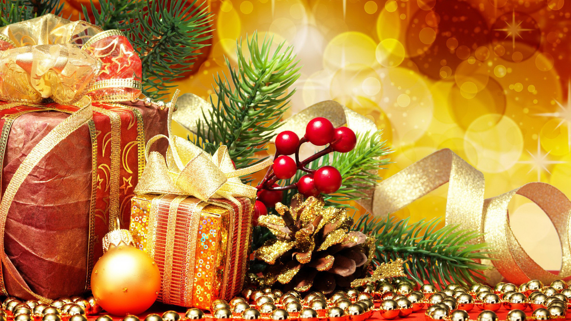 праздничные, подарки, и, коробочки, шишка, гирлянда, шарик, ленты, ёлка, ветка, ягоды, подарки, коробки