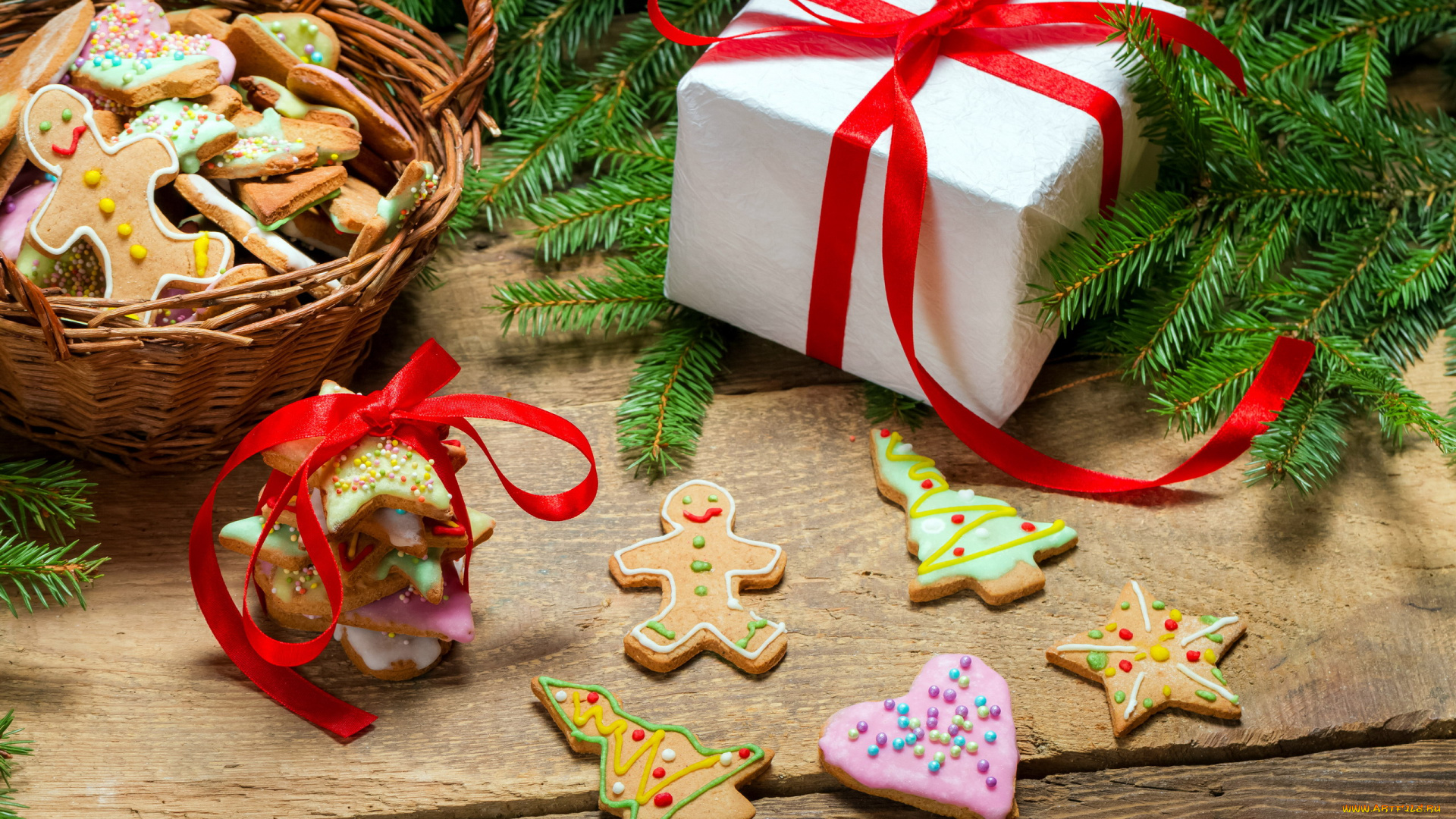 праздничные, угощения, банты, подарок, печенье, корзинка