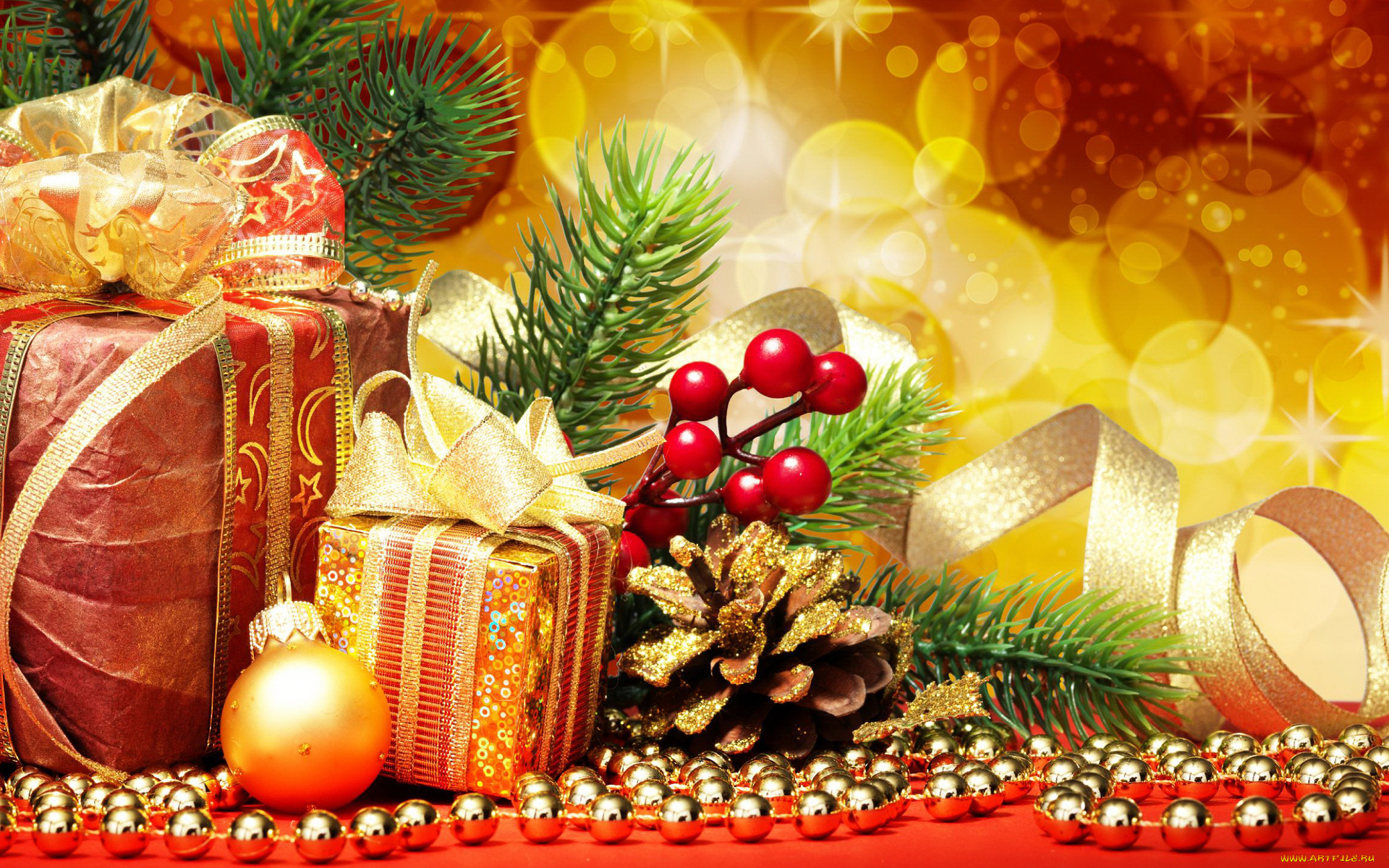 праздничные, подарки, и, коробочки, шишка, гирлянда, шарик, ленты, ёлка, ветка, ягоды, подарки, коробки